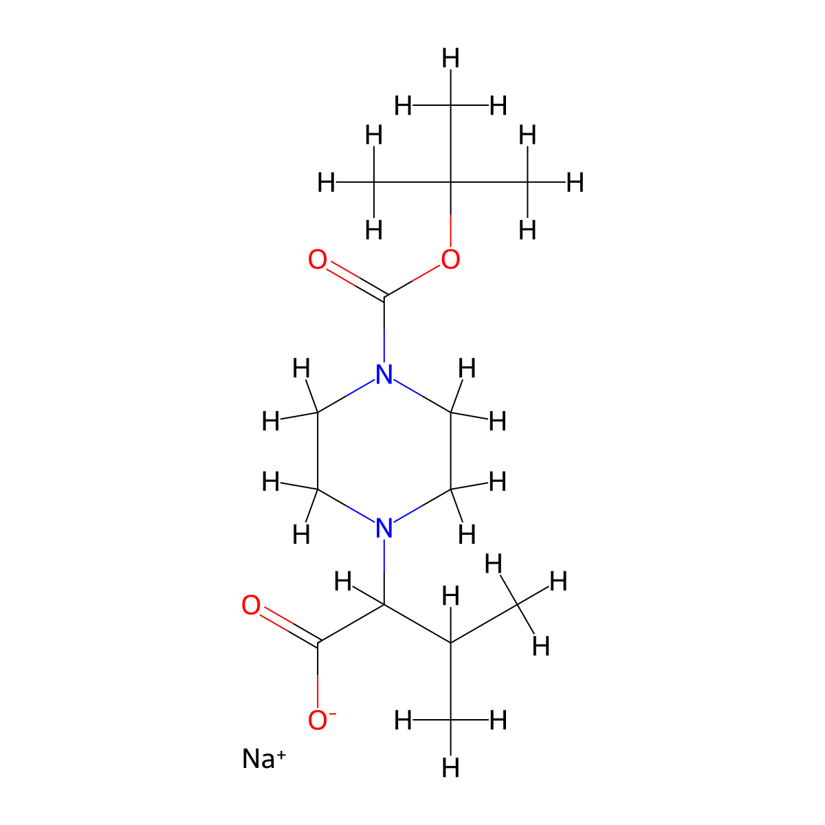Sodium 2-[4-(tert-butoxycarbonyl)piperazin-1-yl]-3-methylbutanoate molecular structure, CAS 2197052-43-8