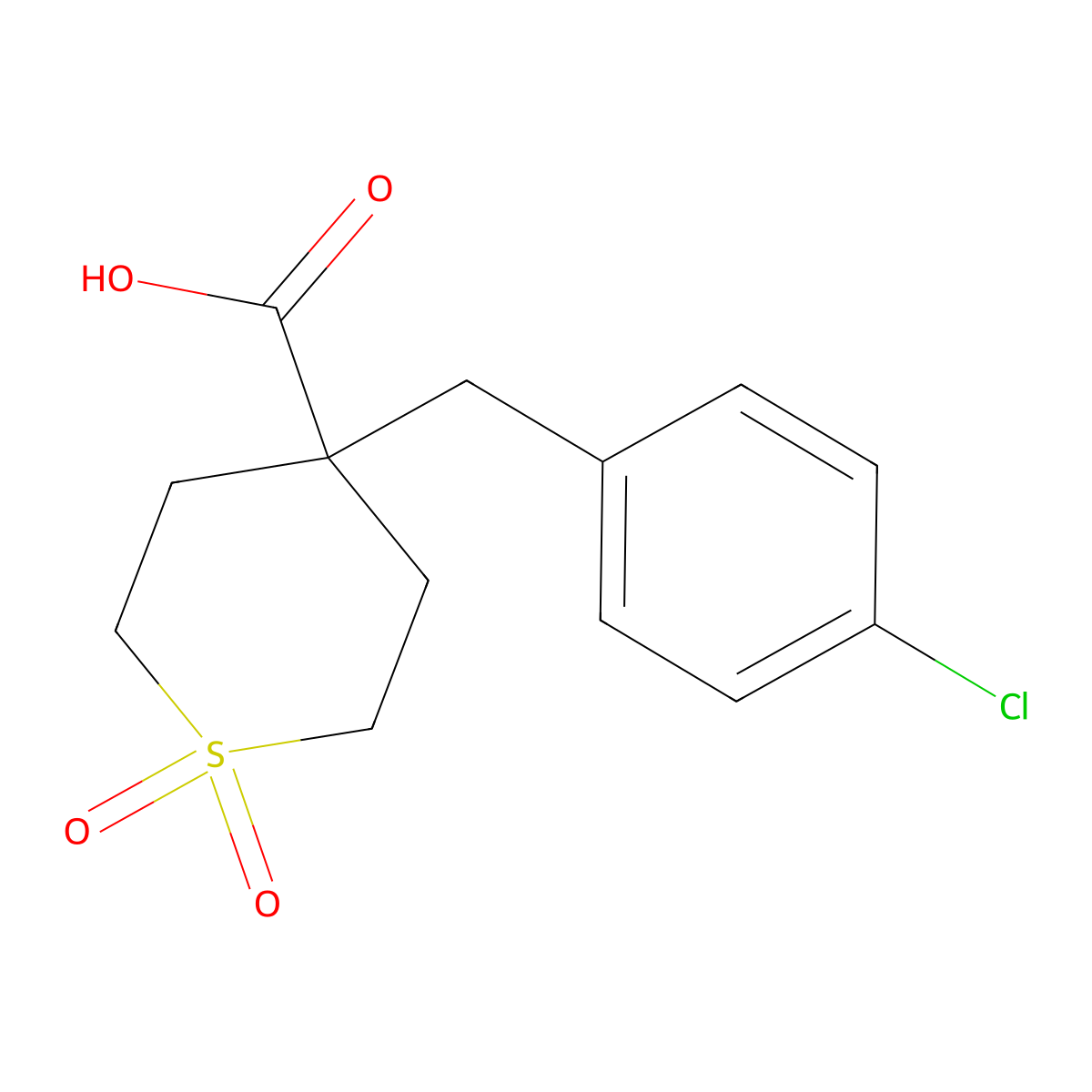 4-[(4-Chlorophenyl)methyl]-1,1-dioxo-1lambda(6)-thiane-4-carboxylic acid molecular structure, CAS 2197052-50-7
