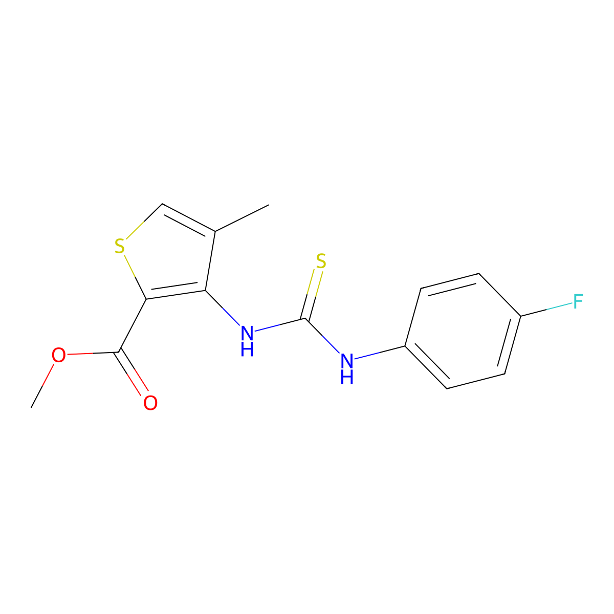 Methyl 3-({[(4-fluorophenyl)amino]carbonothioyl}amino)-4-methylthiophene-2-carboxylate molecular structure, CAS 2197054-51-4