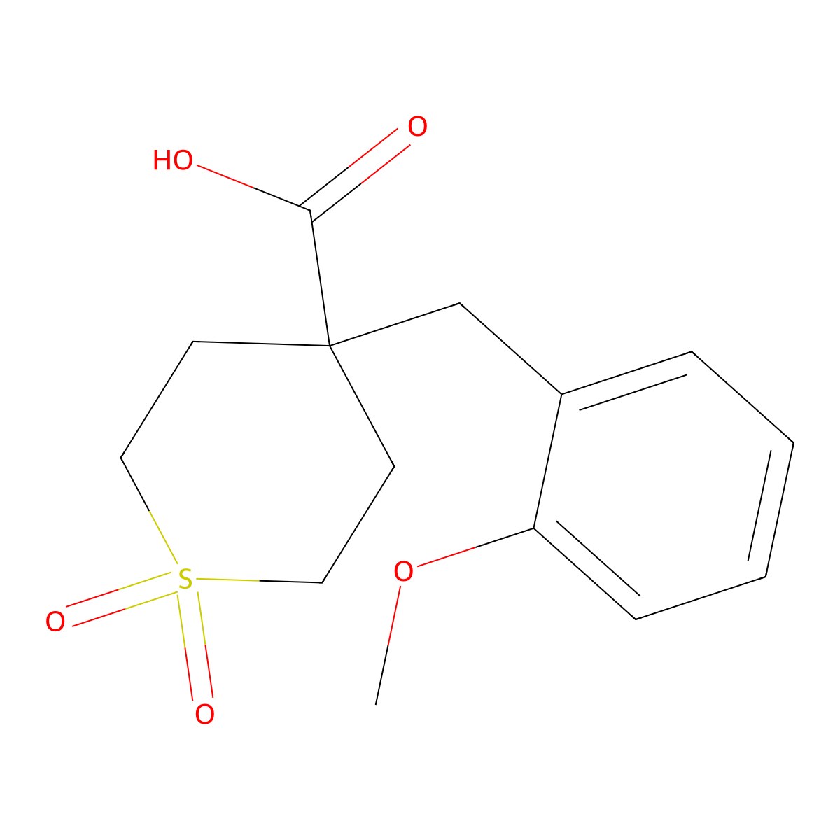 4-[(2-Methoxyphenyl)methyl]-1,1-dioxo-1lambda(6)-thiane-4-carboxylic acid molecular structure, CAS 2197054-60-5