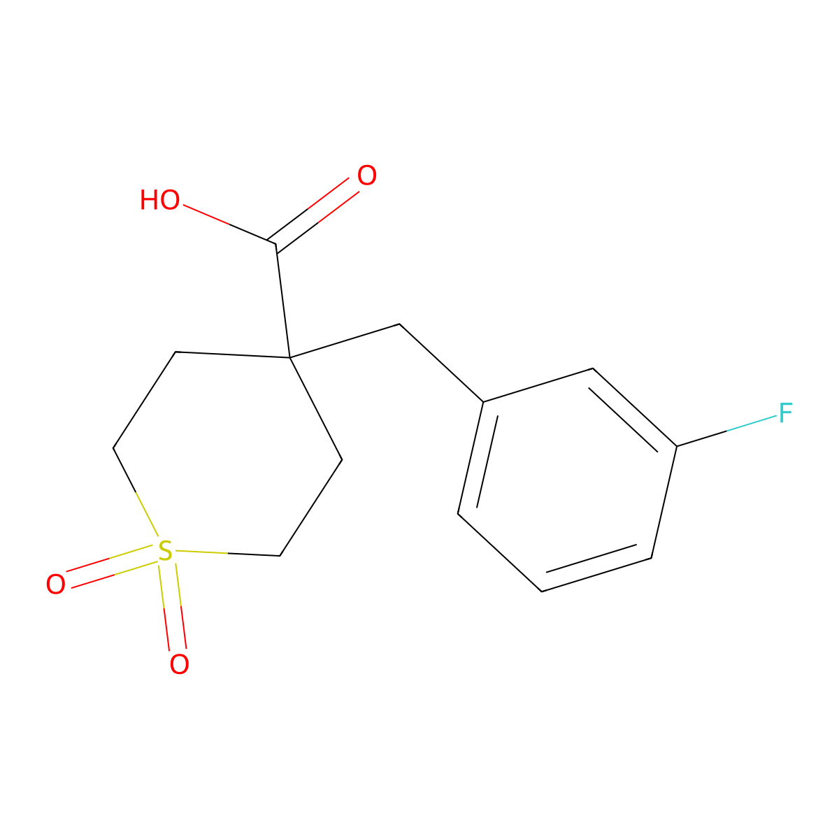 4-[(3-Fluorophenyl)methyl]-1,1-dioxo-1Lambda(6)-thiane-4-carboxylic acid molecular structure, CAS 2197055-01-7
