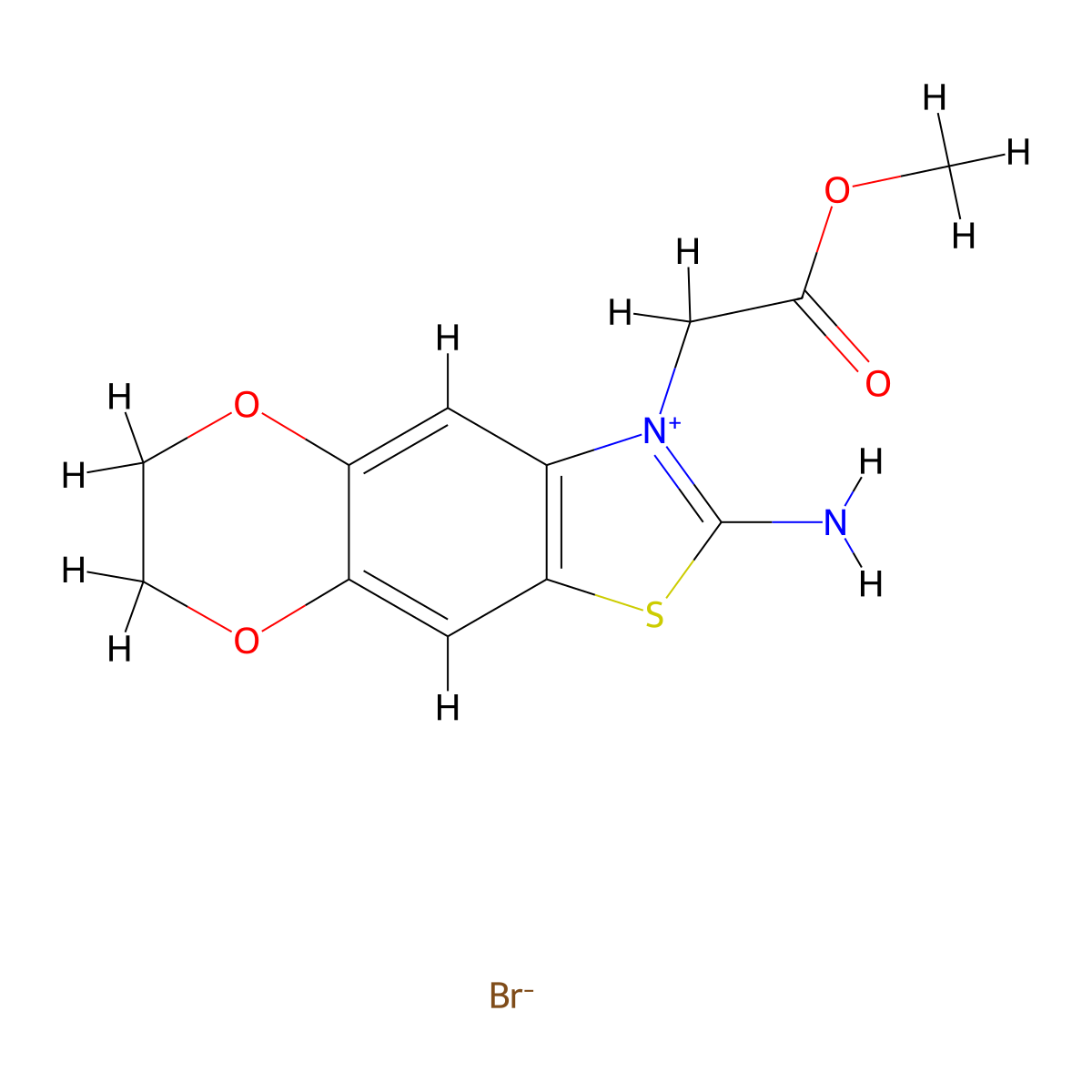 2-Amino-3-(2-methoxy-2-oxoethyl)-6,7-dihydro-[1,4]dioxino[2',3':4,5]benzo[1,2-d]thiazol-3-ium bromide molecular structure, CAS 2197055-18-6