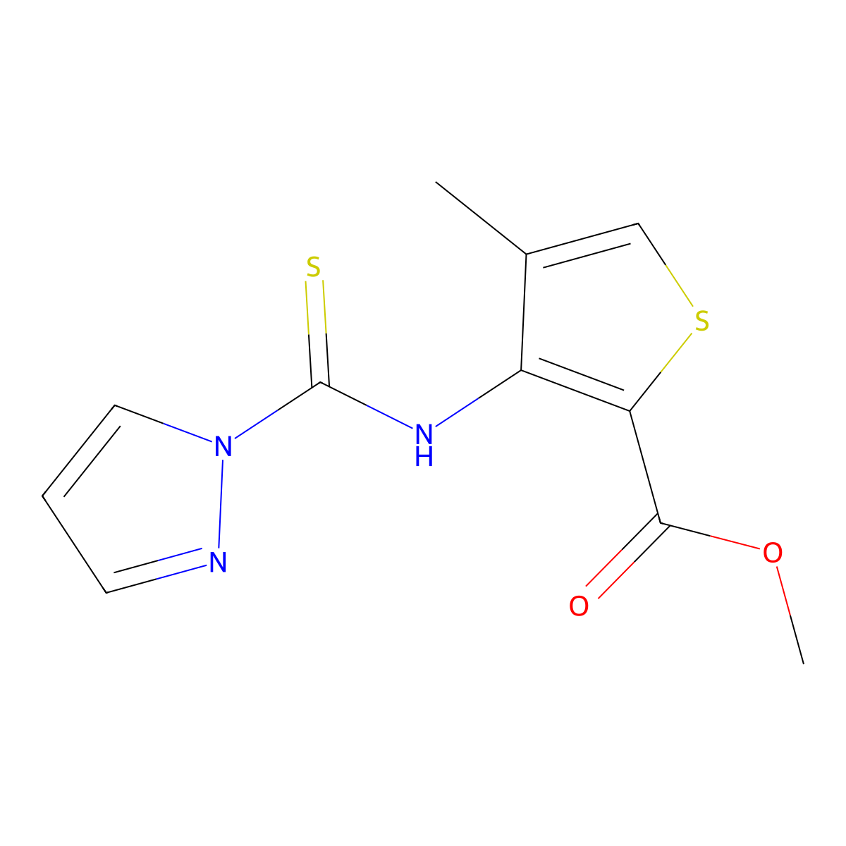 Methyl 4-methyl-3-[(1H-pyrazol-1-ylcarbonothioyl)amino]thiophene-2-carboxylate molecular structure, CAS 2197056-73-6