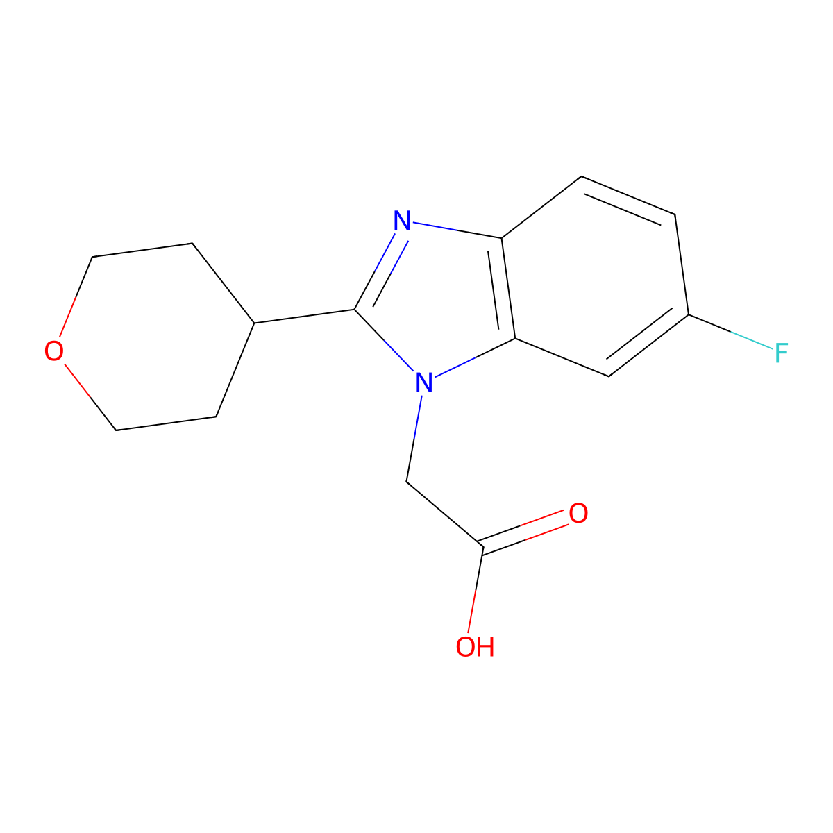 2-6-Fluoro-2-(tetrahydro-2H-pyran-4-yl)-1H-benzo[d]imidazol-1-ylacetic acid molecular structure, CAS 2197056-80-5