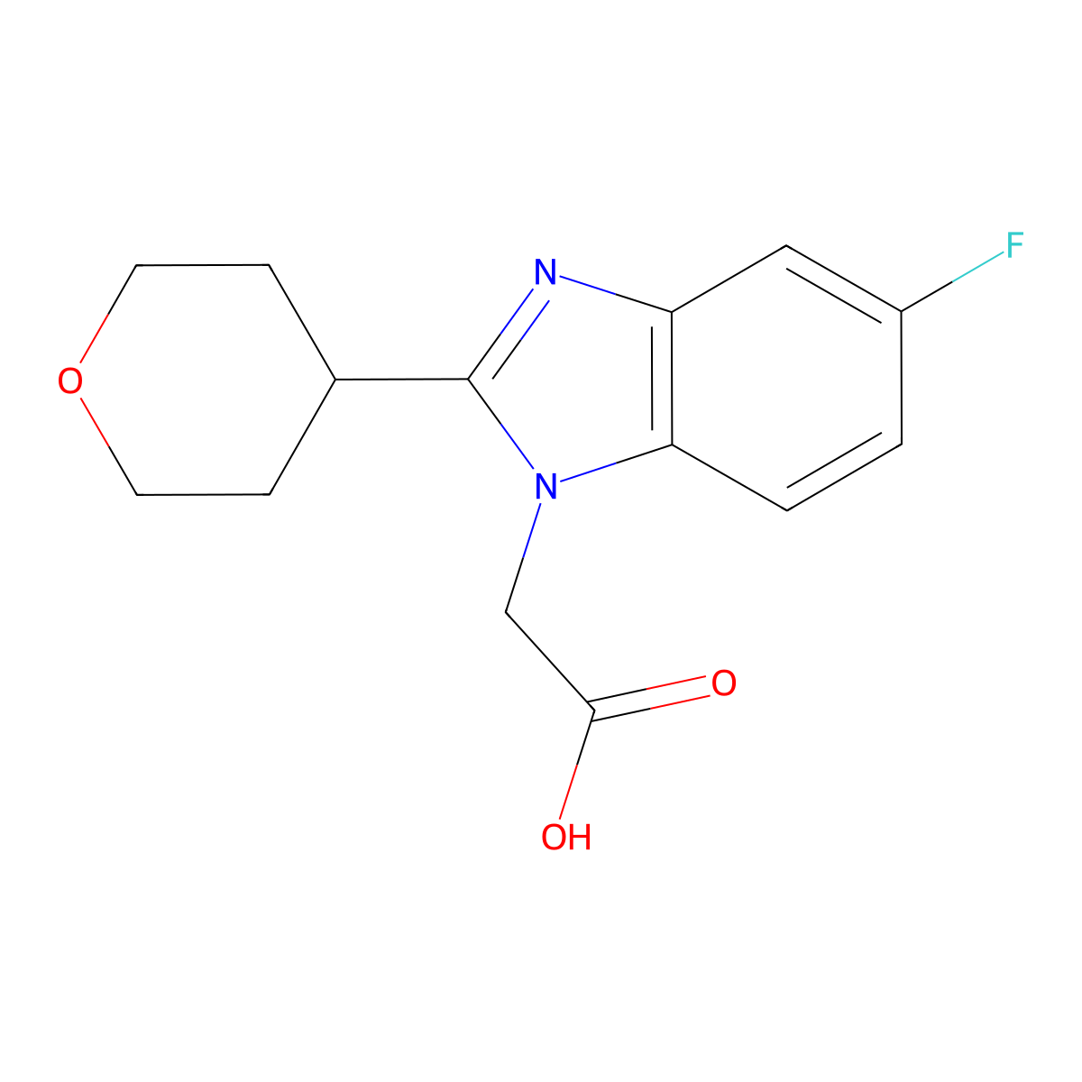 2-{5-Fluoro-2-(tetrahydro-2H-pyran-4-yl)-1H-benzo[d]imidazol-1-yl}acetic acid molecular structure, CAS 2197057-37-5