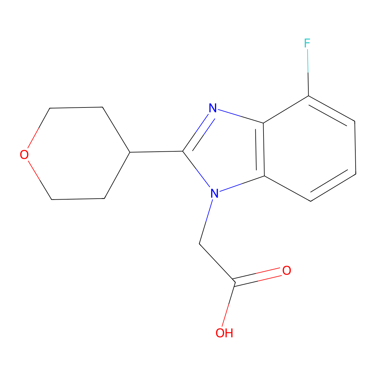 2-{4-Fluoro-2-(tetrahydro-2H-pyran-4-yl)-1H-benzo[d]imidazol-1-yl}acetic acid molecular structure, CAS 2197062-18-1