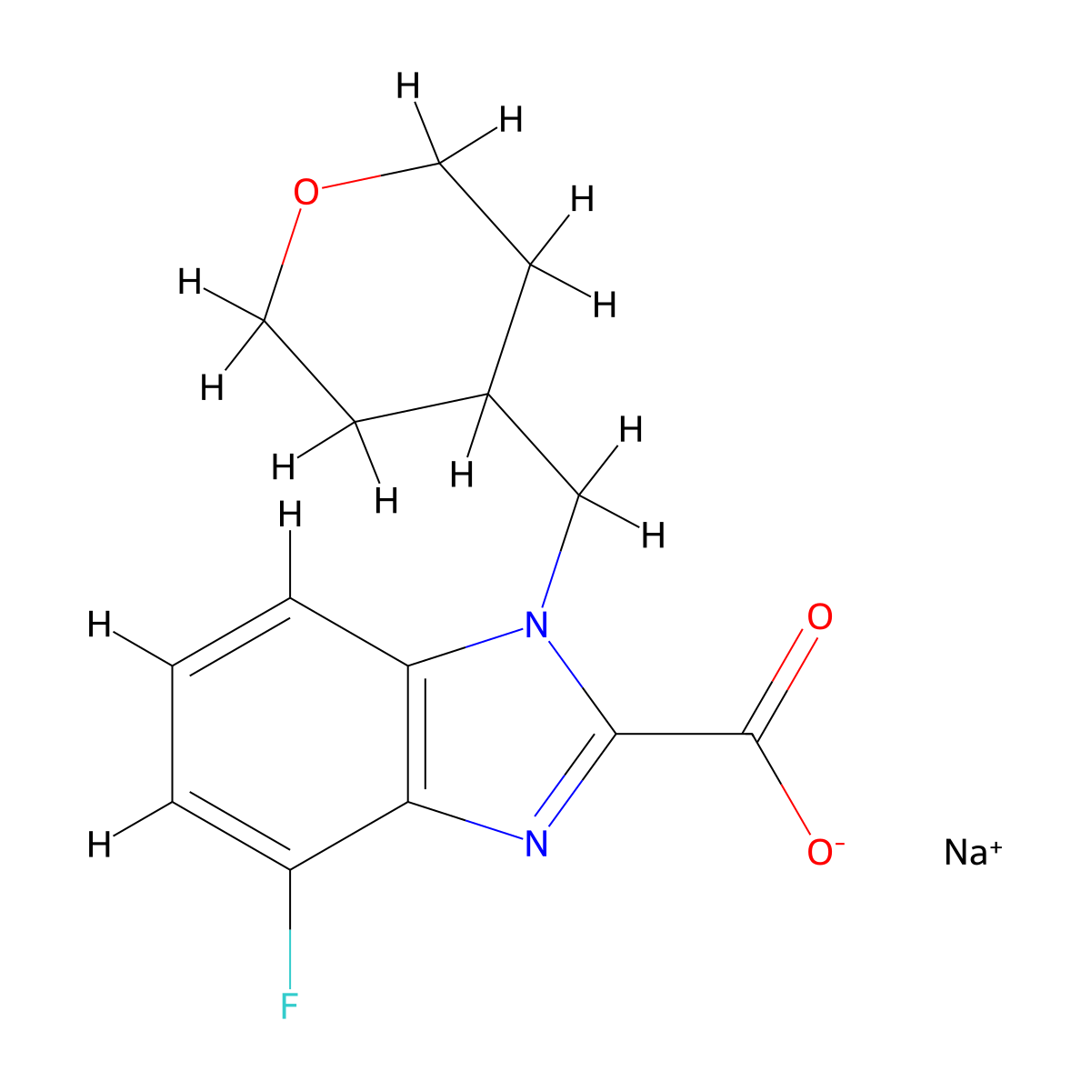Sodium 4-fluoro-1-[(tetrahydro-2H-pyran-4-yl)methyl]-1H-benzo[d]imidazole-2-carboxylate molecular structure, CAS 2197062-27-2