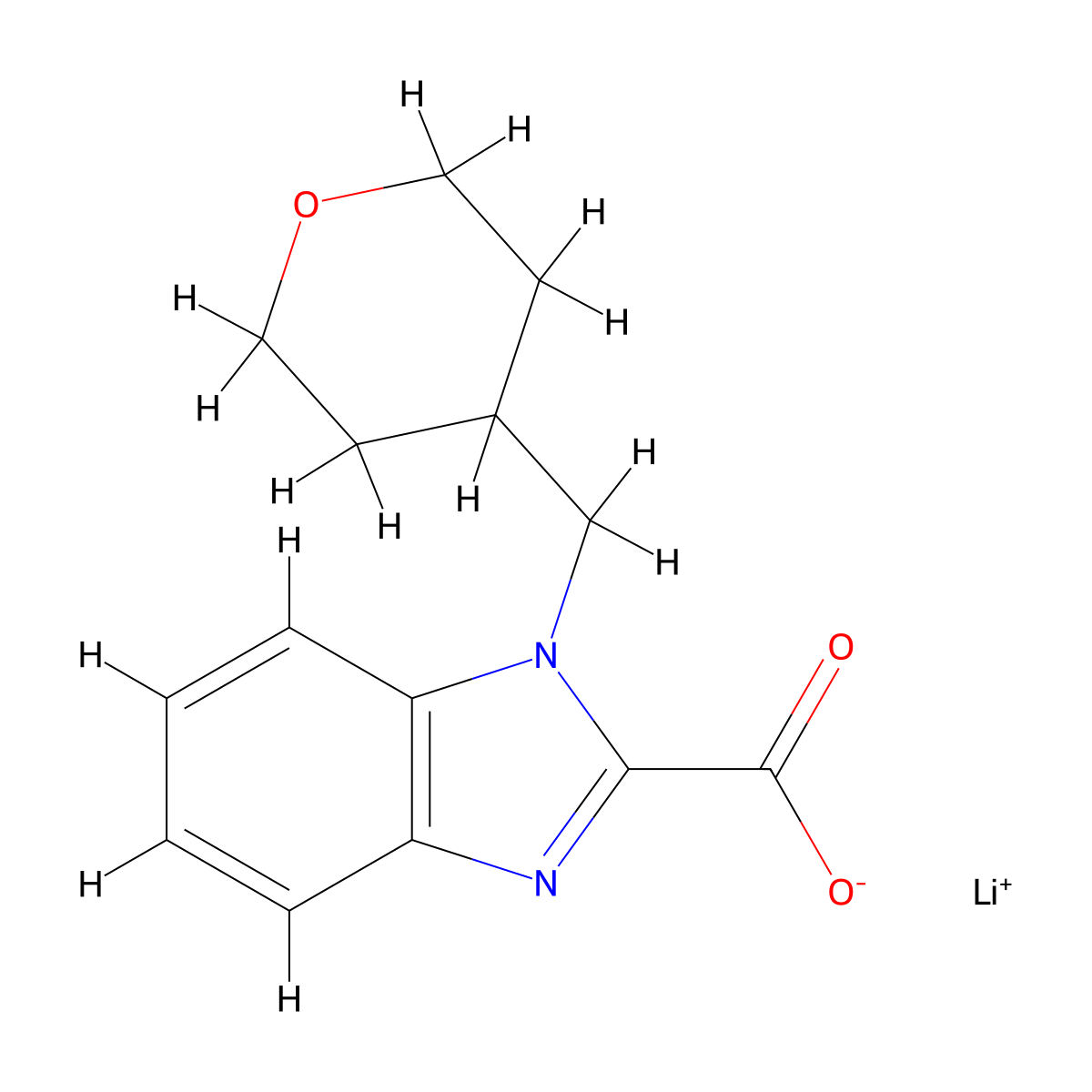 Lithium 1-[(tetrahydro-2H-pyran-4-yl)methyl]-1H-benzo[d]imidazole-2-carboxylate molecular structure, CAS 2197062-60-3
