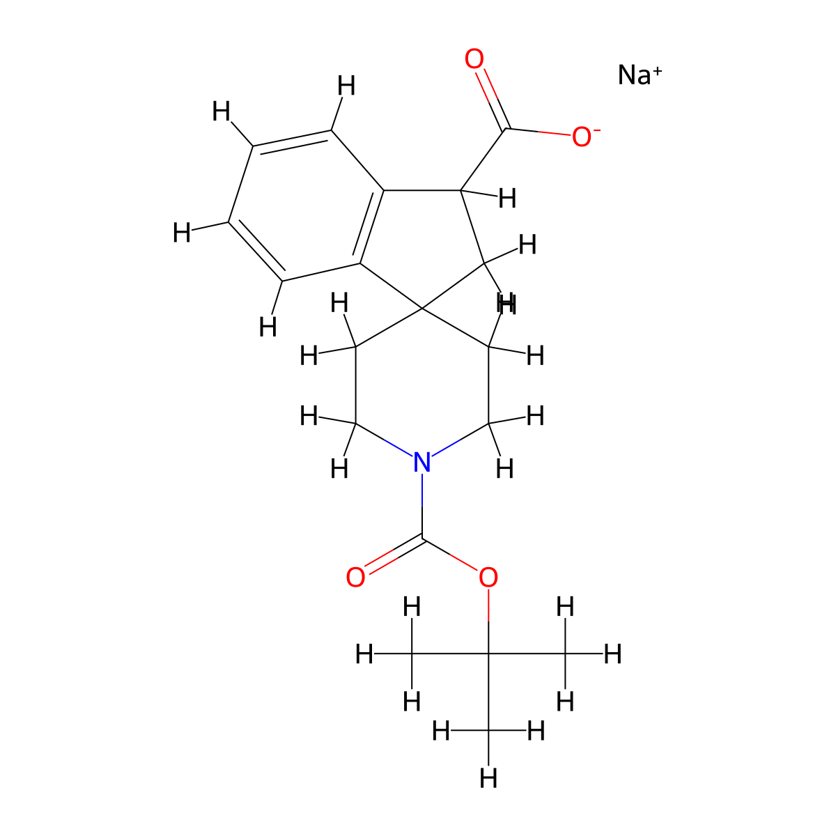 Sodium 1'-[(tert-butoxy)carbonyl]-2,3-dihydrospiro[indene-1,4'-piperidine]-3-carboxylate molecular structure, CAS 2197062-89-6