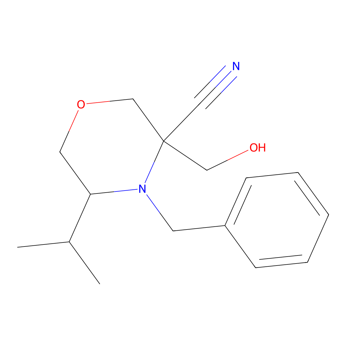 4-Benzyl-3-(hydroxymethyl)-5-isopropyl-morpholine-3-carbonitrile molecular structure, CAS 2197146-56-6