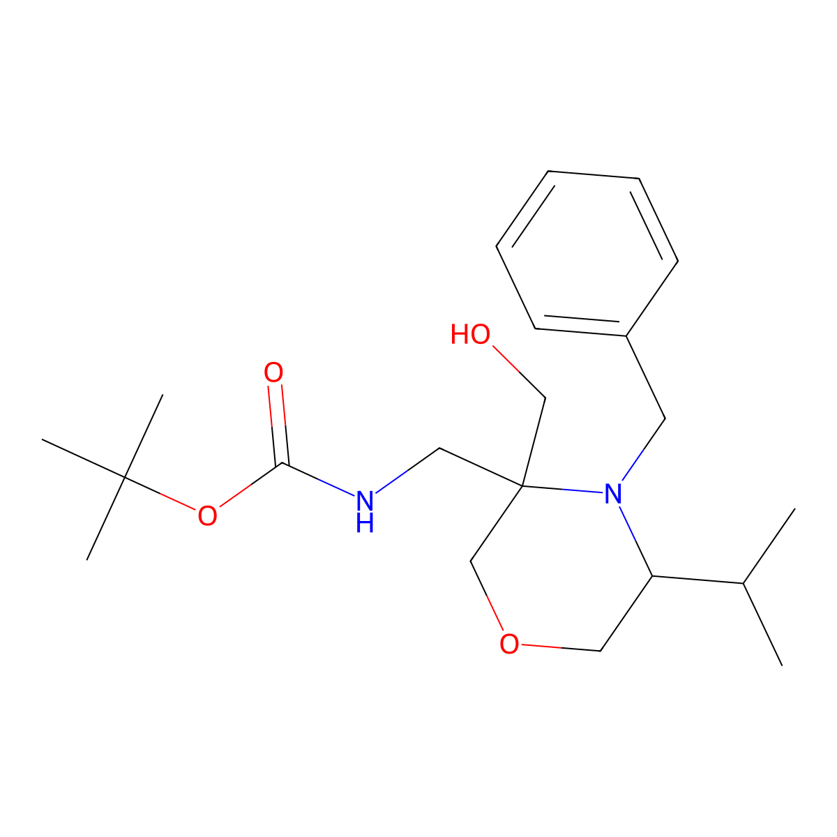 Tert-butyl (((5S)-4-benzyl-3-(hydroxymethyl)-5-isopropylmorpholin-3-yl)methyl)carbamate molecular structure, CAS 2197174-51-7