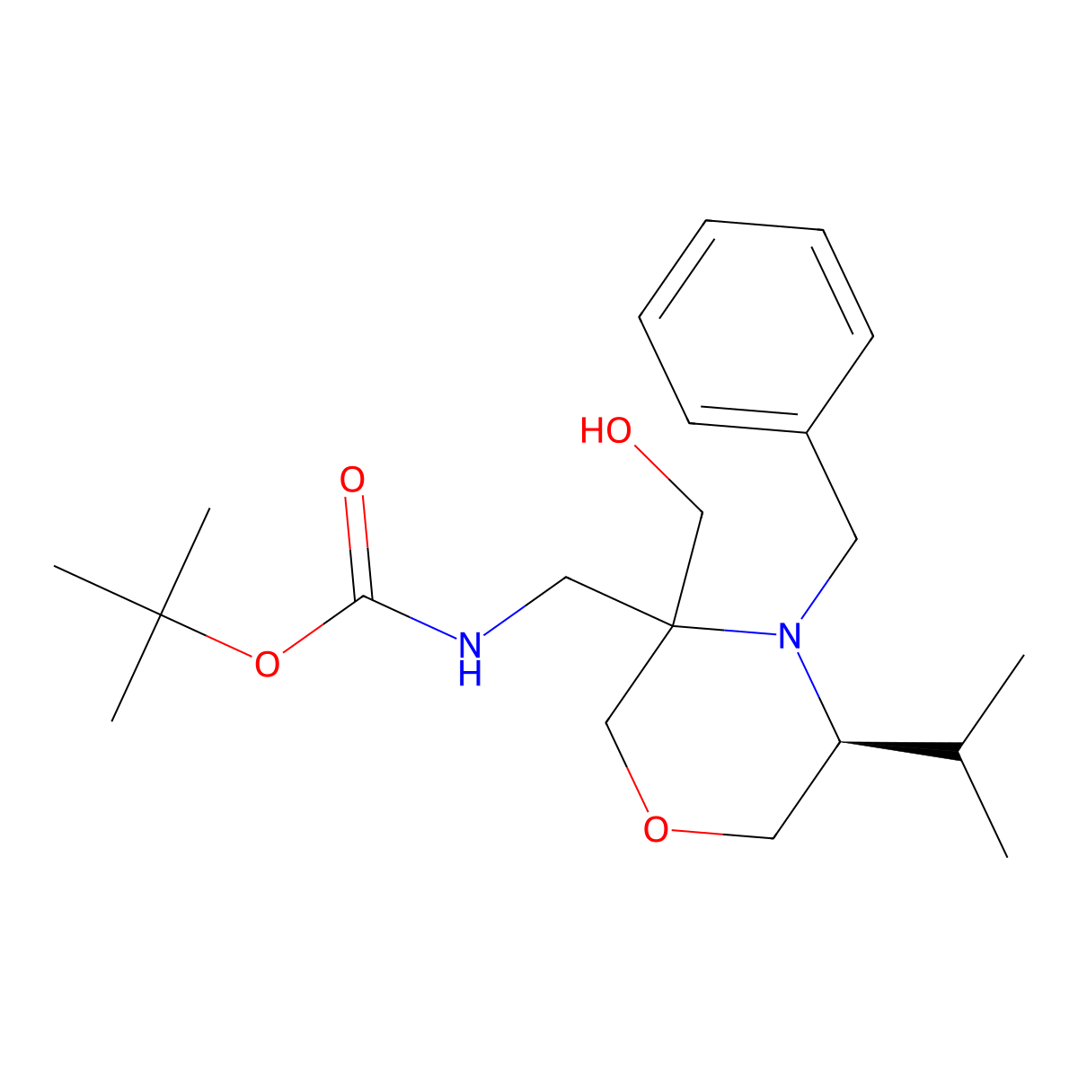 Tert-butyl (((5S)-4-benzyl-3-(hydroxymethyl)-5-isopropylmorpholin-3-yl)methyl)carbamate molecular structure, CAS 2197174-51-7