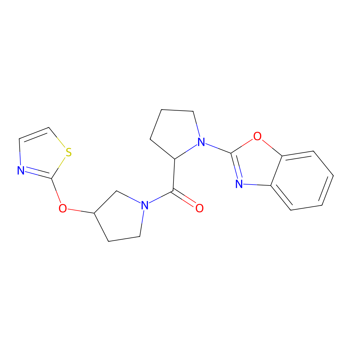 (1-(Benzo[d]oxazol-2-yl)pyrrolidin-2-yl)(3-(thiazol-2-yloxy)pyrrolidin-1-yl)methanone molecular structure, CAS 2197241-76-0