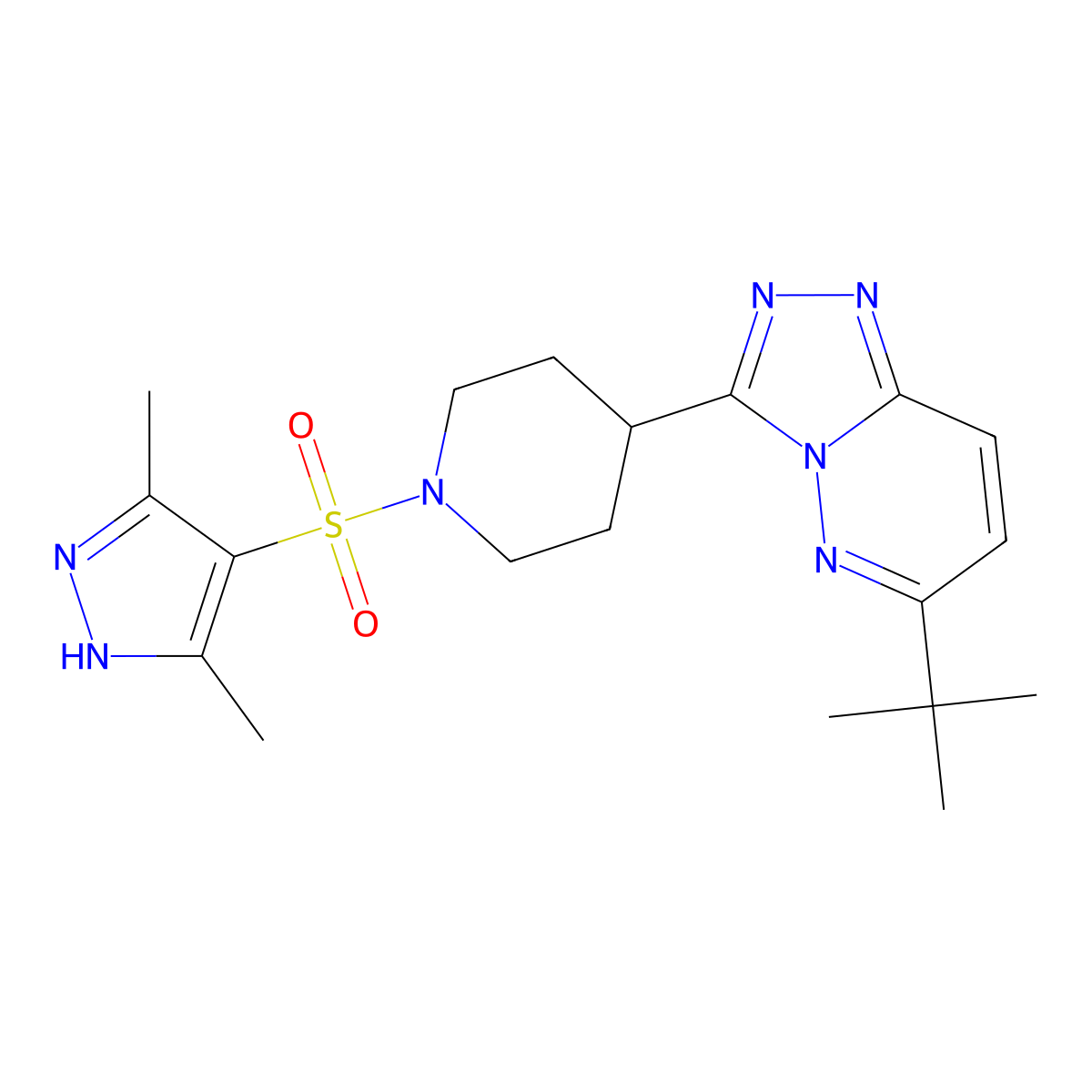4-{6-tert-butyl-[1,2,4]triazolo[4,3-b]pyridazin-3-yl}-1-[(3,5-dimethyl-1H-pyrazol-4-yl)sulfonyl]piperidine molecular structure, CAS 2197284-77-6