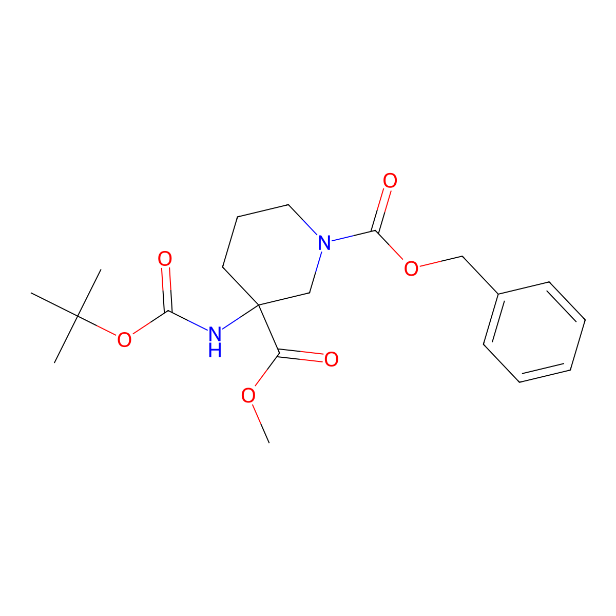 O1-benzyl O3-methyl 3-(tert-butoxycarbonylamino)piperidine-1,3-dicarboxylate molecular structure, CAS 2197422-35-6