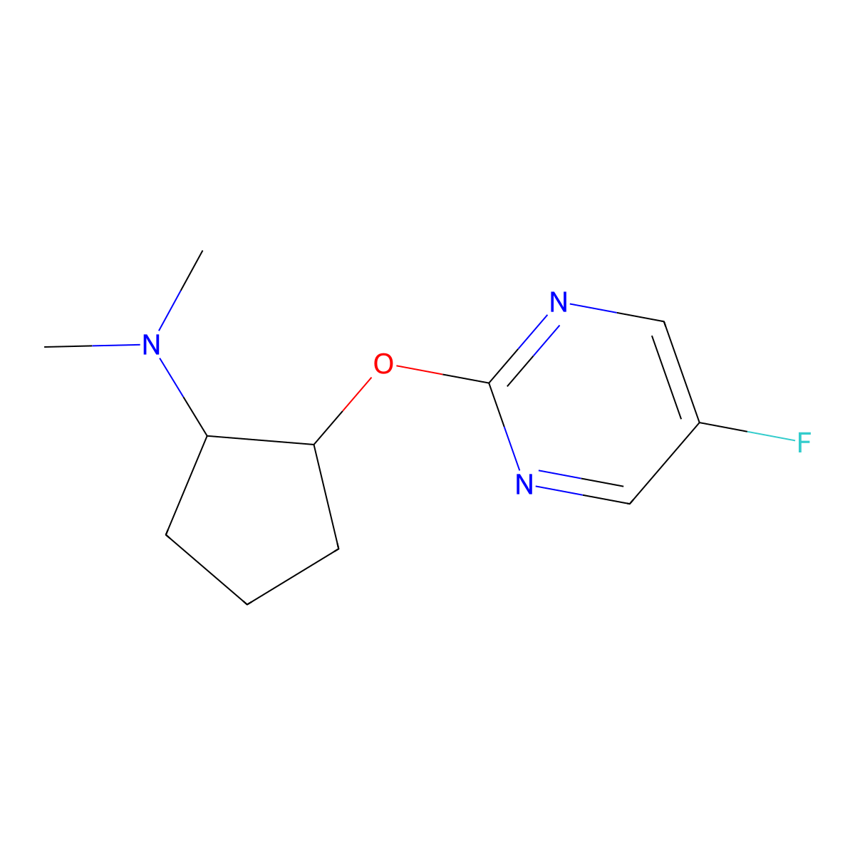 2-[(5-fluoropyrimidin-2-yl)oxy]-N,N-dimethylcyclopentan-1-amine molecular structure, CAS 2197453-23-7