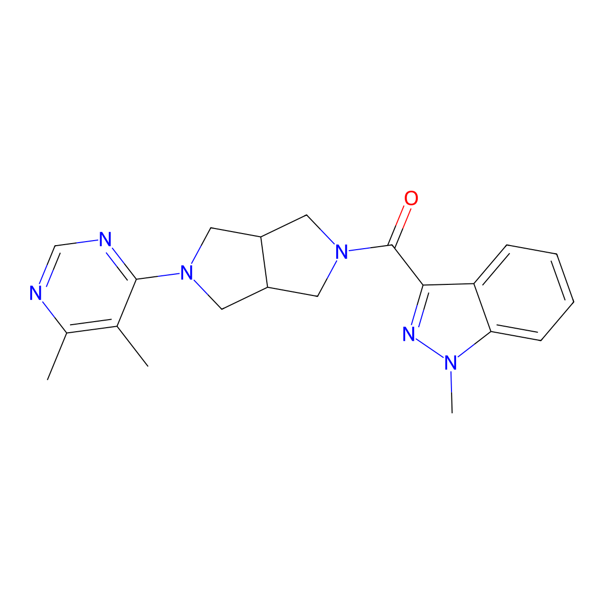 3-[5-(5,6-dimethylpyrimidin-4-yl)-octahydropyrrolo[3,4-c]pyrrole-2-carbonyl]-1-methyl-1H-indazole molecular structure, CAS 2197486-83-0