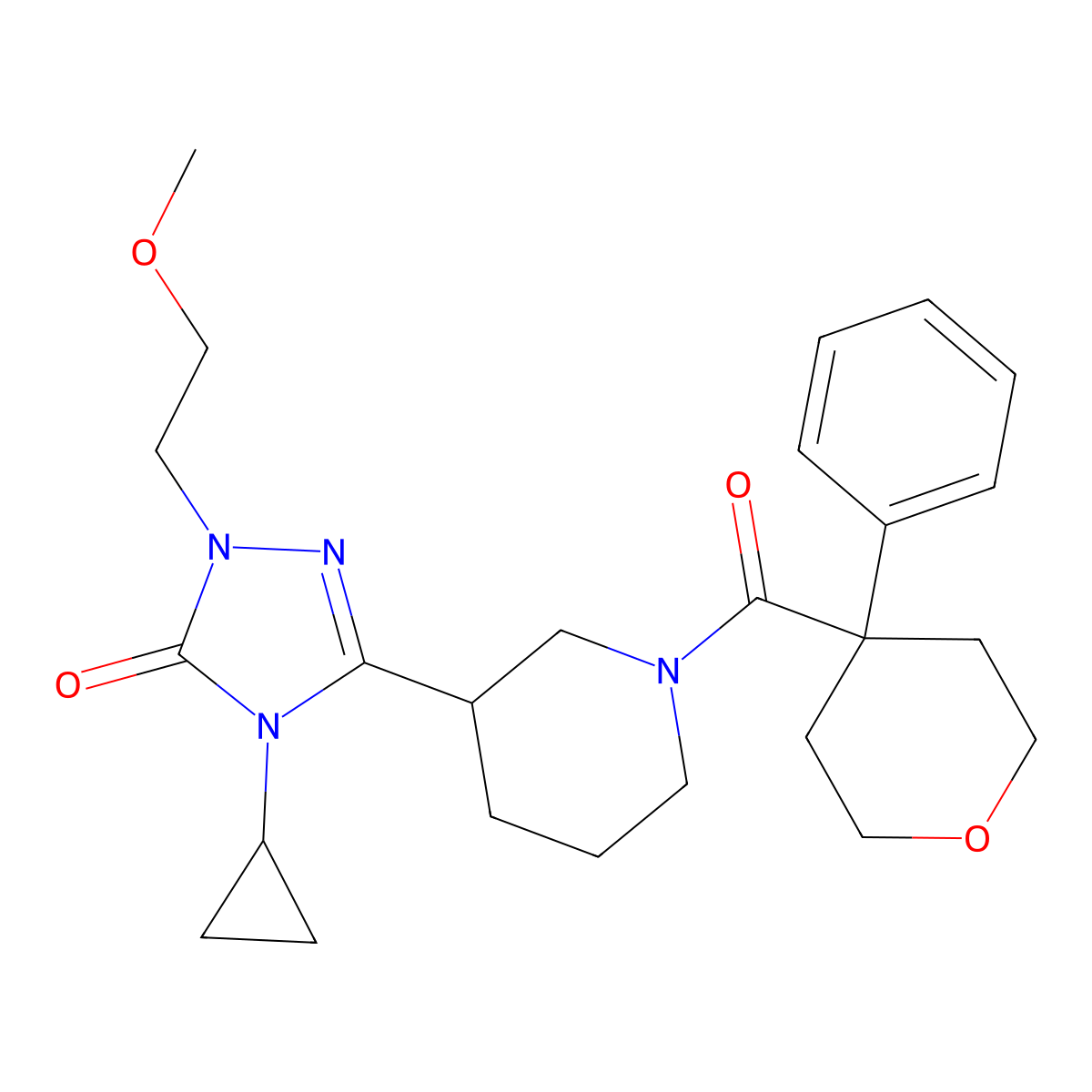4-cyclopropyl-1-(2-methoxyethyl)-3-(1-(4-phenyltetrahydro-2H-pyran-4-carbonyl)piperidin-3-yl)-1H-1,2,4-triazol-5(4H)-one molecular structure, CAS 2197498-74-9