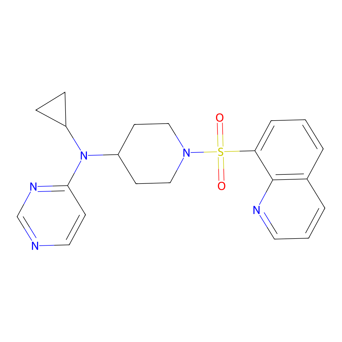 N-cyclopropyl-N-(1-quinolin-8-ylsulfonylpiperidin-4-yl)pyrimidin-4-amine molecular structure, CAS 2197555-43-2