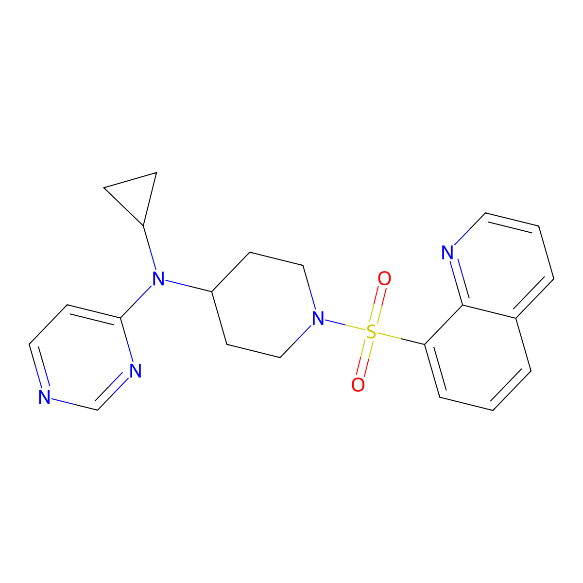 N-cyclopropyl-N-(1-quinolin-8-ylsulfonylpiperidin-4-yl)pyrimidin-4-amine molecular structure, CAS 2197555-43-2