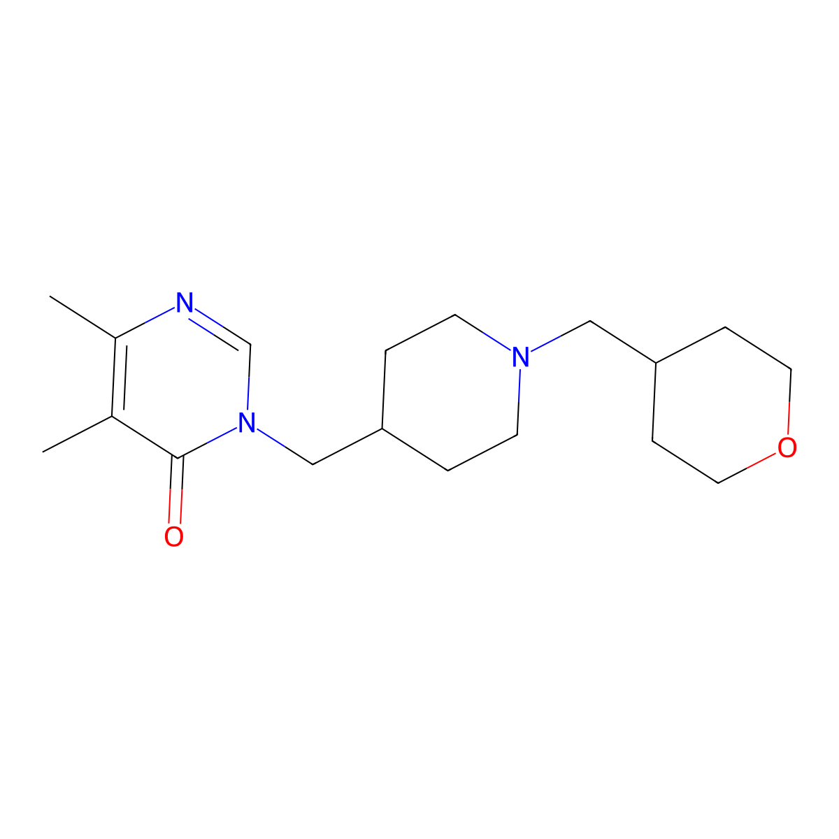 5,6-Dimethyl-3-({1-[(oxan-4-yl)methyl]piperidin-4-yl}methyl)-3,4-dihydropyrimidin-4-one molecular structure, CAS 2197577-76-5