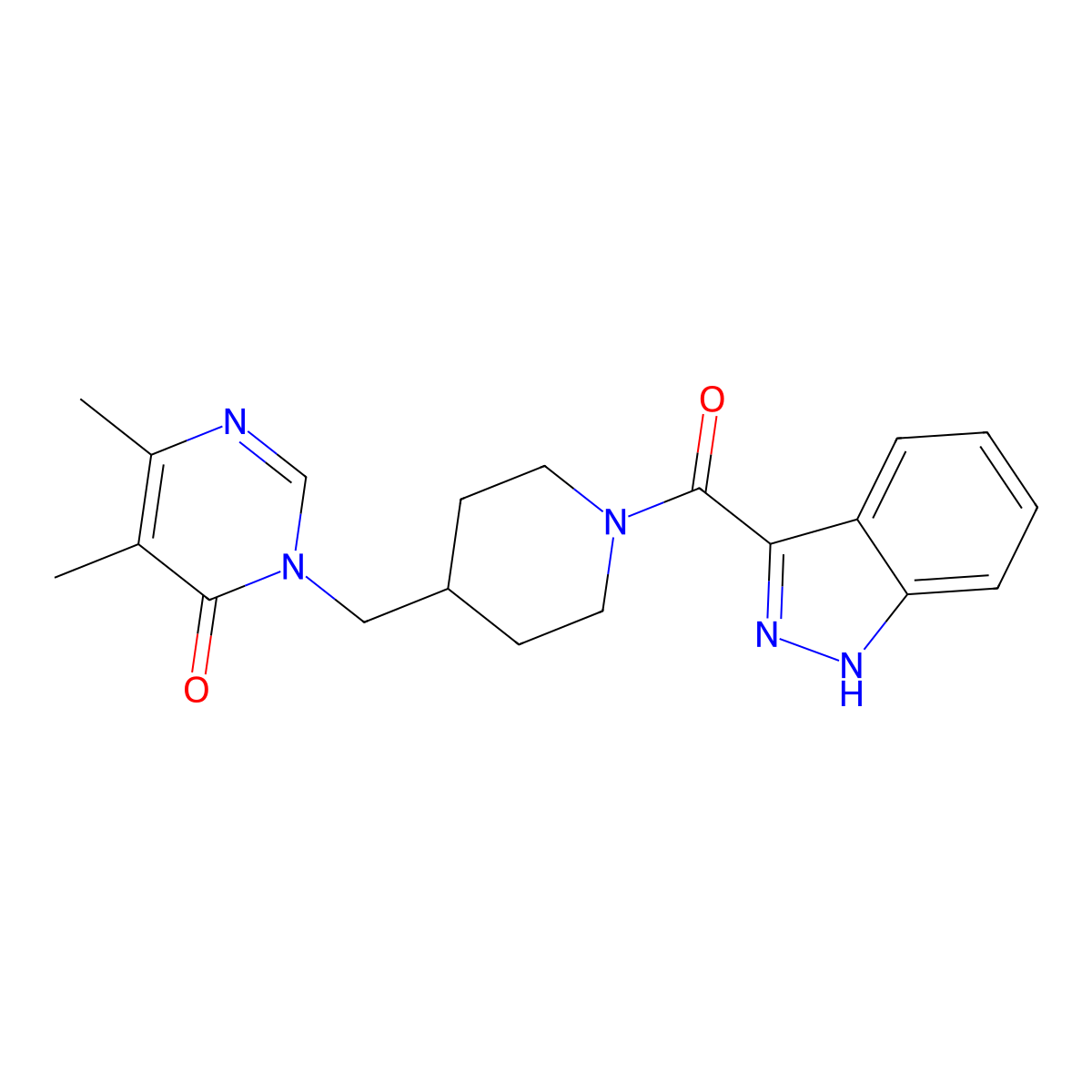 3-{[1-(1H-indazole-3-carbonyl)piperidin-4-yl]methyl}-5,6-dimethyl-3,4-dihydropyrimidin-4-one molecular structure, CAS 2197610-17-4