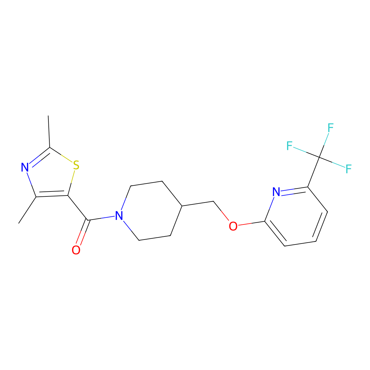2-{[1-(2,4-Dimethyl-1,3-thiazole-5-carbonyl)piperidin-4-yl]methoxy}-6-(trifluoromethyl)pyridine molecular structure, CAS 2197611-38-2