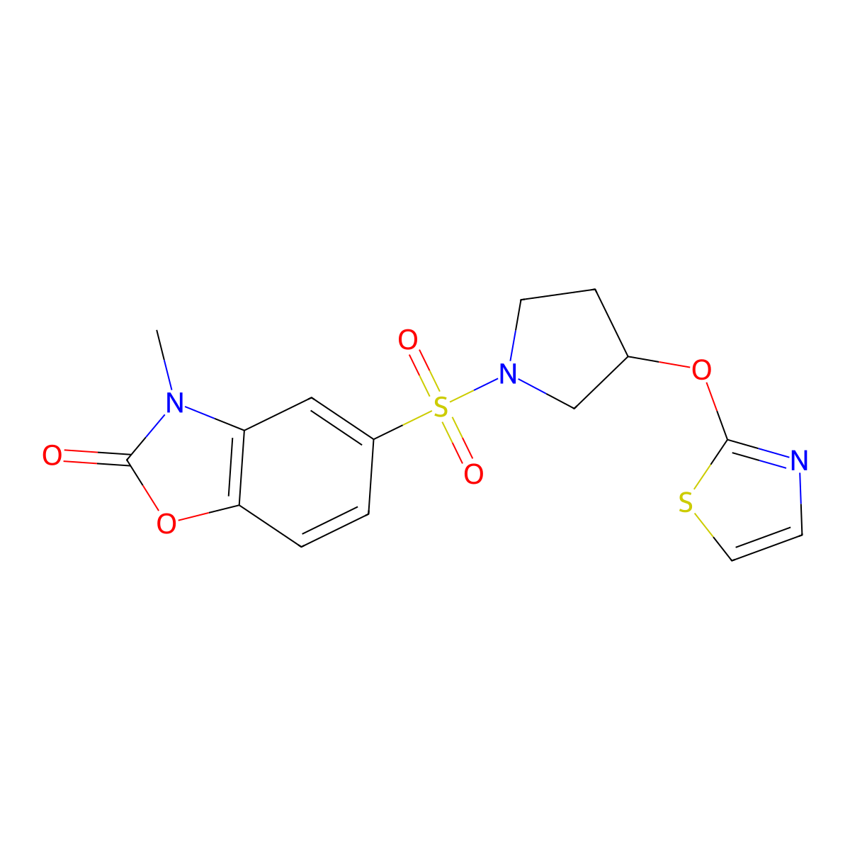 3-methyl-5-((3-(thiazol-2-yloxy)pyrrolidin-1-yl)sulfonyl)benzo[d]oxazol-2(3H)-one molecular structure, CAS 2197614-95-0