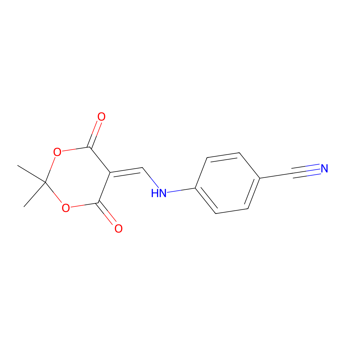 4-(((2,2-Dimethyl-4,6-dioxo-1,3-dioxan-5-ylidene)methyl)amino)benzonitrile molecular structure, CAS 219763-81-2