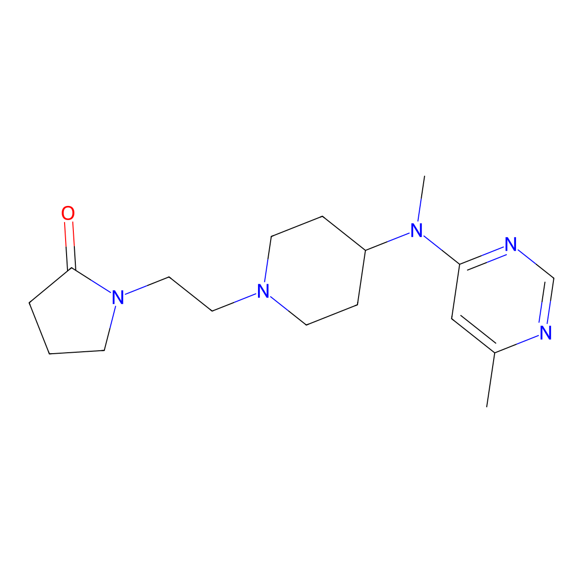 1-(2-{4-[Methyl(6-methylpyrimidin-4-yl)amino]piperidin-1-yl}ethyl)pyrrolidin-2-one molecular structure, CAS 2197639-63-5