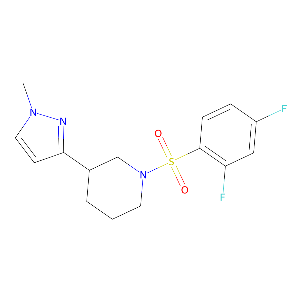 1-((2,4-difluorophenyl)sulfonyl)-3-(1-methyl-1H-pyrazol-3-yl)piperidine molecular structure, CAS 2197685-52-0