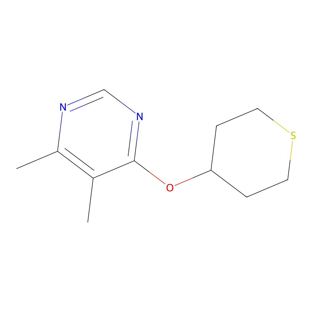 4,5-Dimethyl-6-(thian-4-yloxy)pyrimidine molecular structure, CAS 2197709-13-8