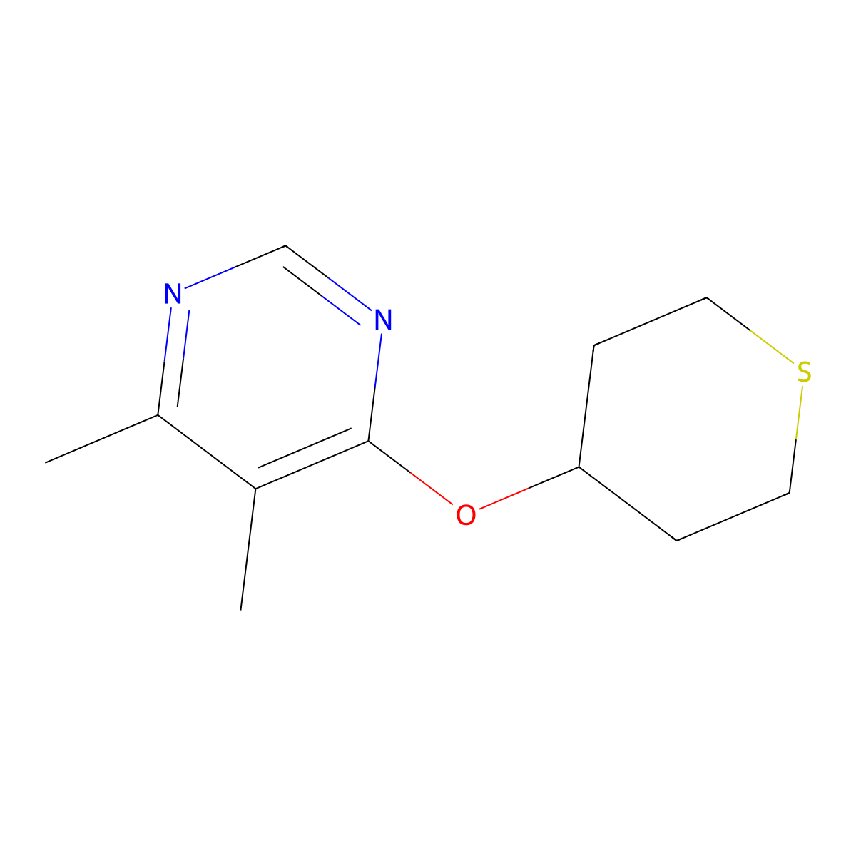 4,5-Dimethyl-6-(thian-4-yloxy)pyrimidine molecular structure, CAS 2197709-13-8