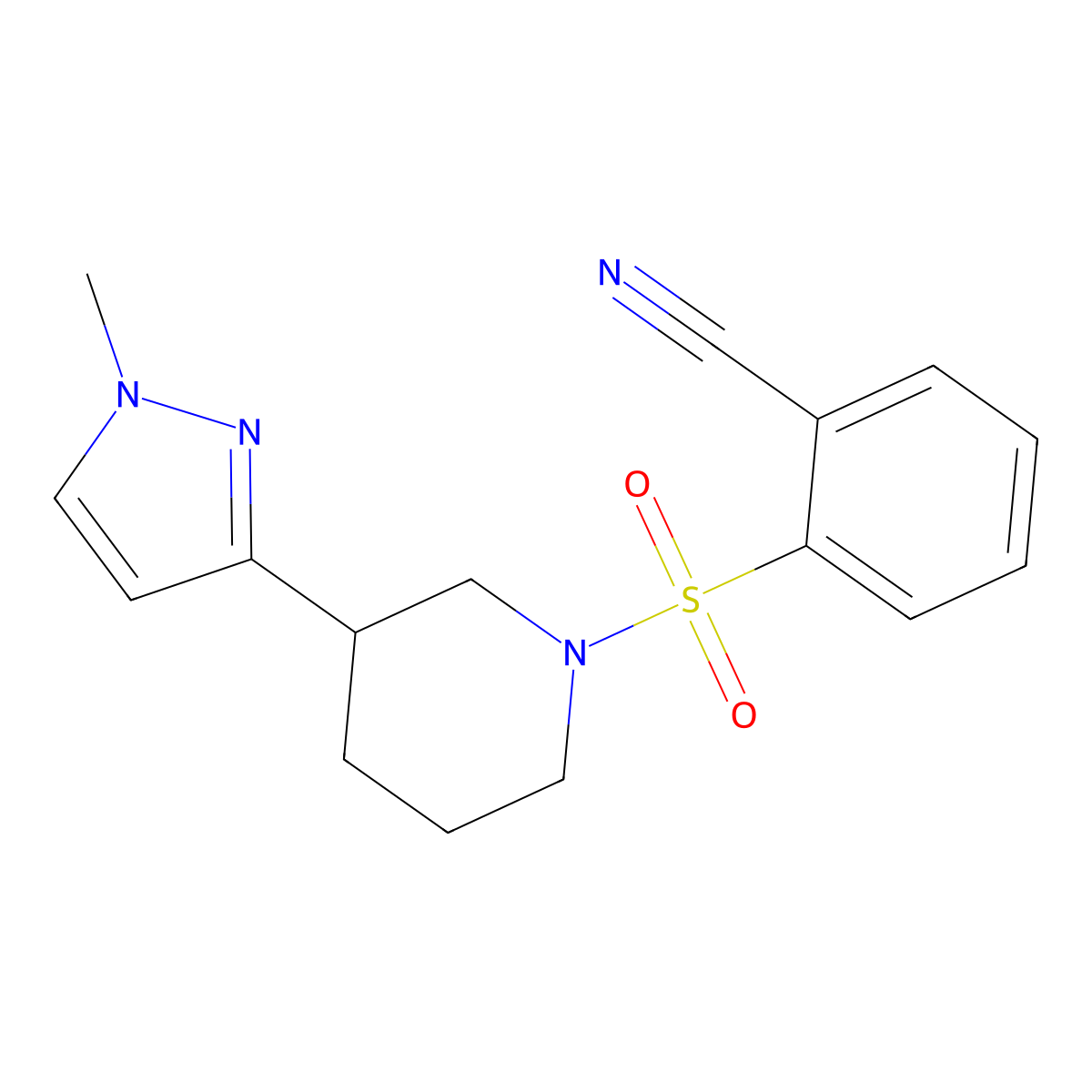 2-{[3-(1-methyl-1H-pyrazol-3-yl)piperidin-1-yl]sulfonyl}benzonitrile molecular structure, CAS 2197713-85-0