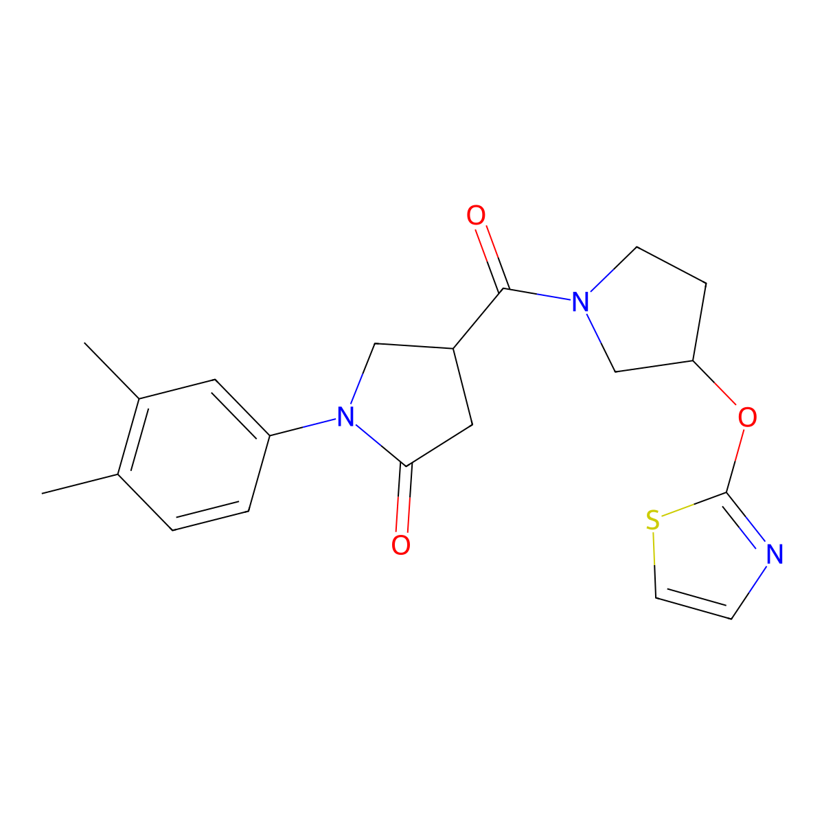 1-(3,4-Dimethylphenyl)-4-[3-(1,3-thiazol-2-yloxy)pyrrolidine-1-carbonyl]pyrrolidin-2-one molecular structure, CAS 2197754-93-9