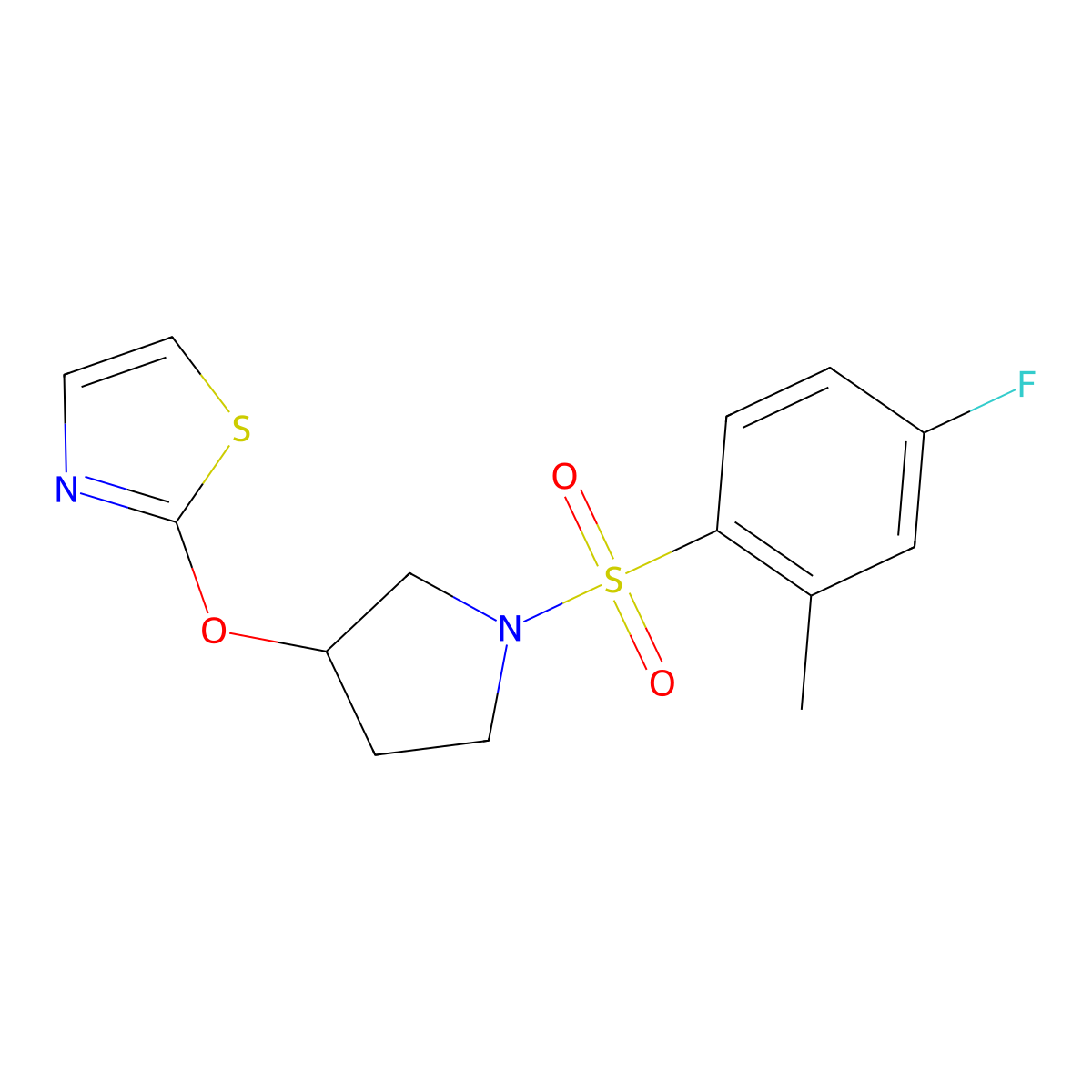 2-((1-((4-Fluoro-2-methylphenyl)sulfonyl)pyrrolidin-3-yl)oxy)thiazole molecular structure, CAS 2197854-86-5