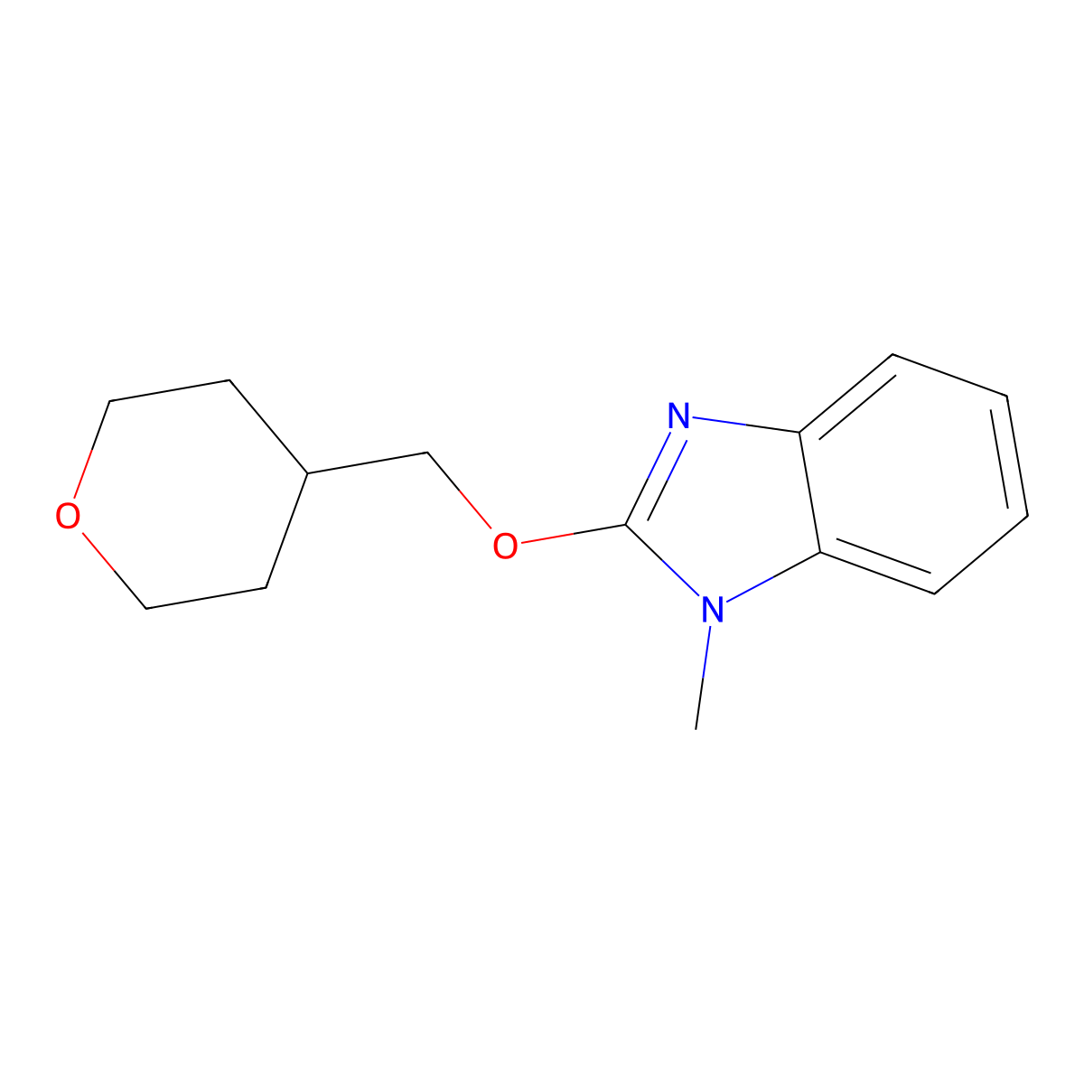 1-methyl-2-[(oxan-4-yl)methoxy]-1H-1,3-benzodiazole molecular structure, CAS 2197884-29-8
