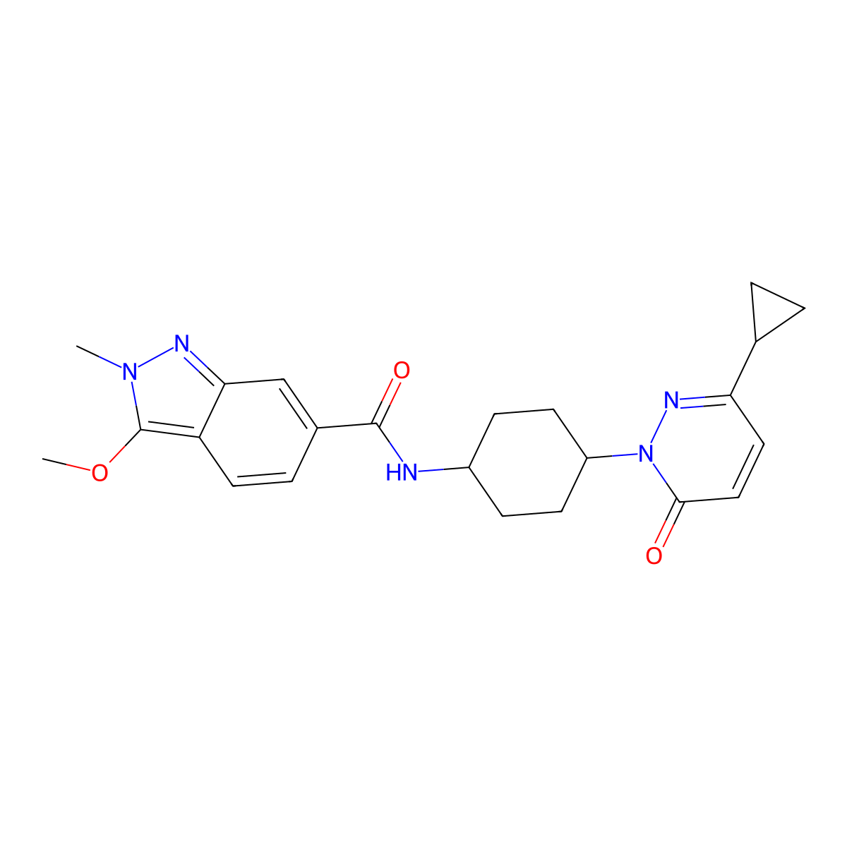 N-[4-(3-cyclopropyl-6-oxo-1,6-dihydropyridazin-1-yl)cyclohexyl]-3-methoxy-2-methyl-2H-indazole-6-carboxamide molecular structure, CAS 2197903-43-6
