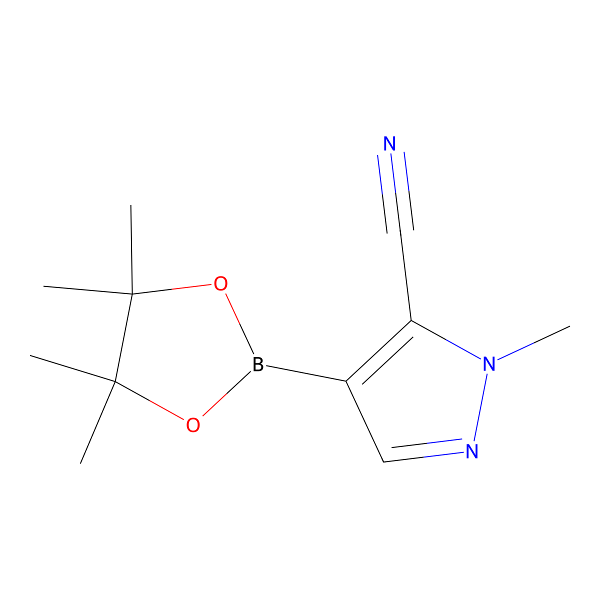 1-methyl-4-(tetramethyl-1,3,2-dioxaborolan-2-yl)-1H-pyrazole-5-carbonitrile molecular structure, CAS 2197909-49-0