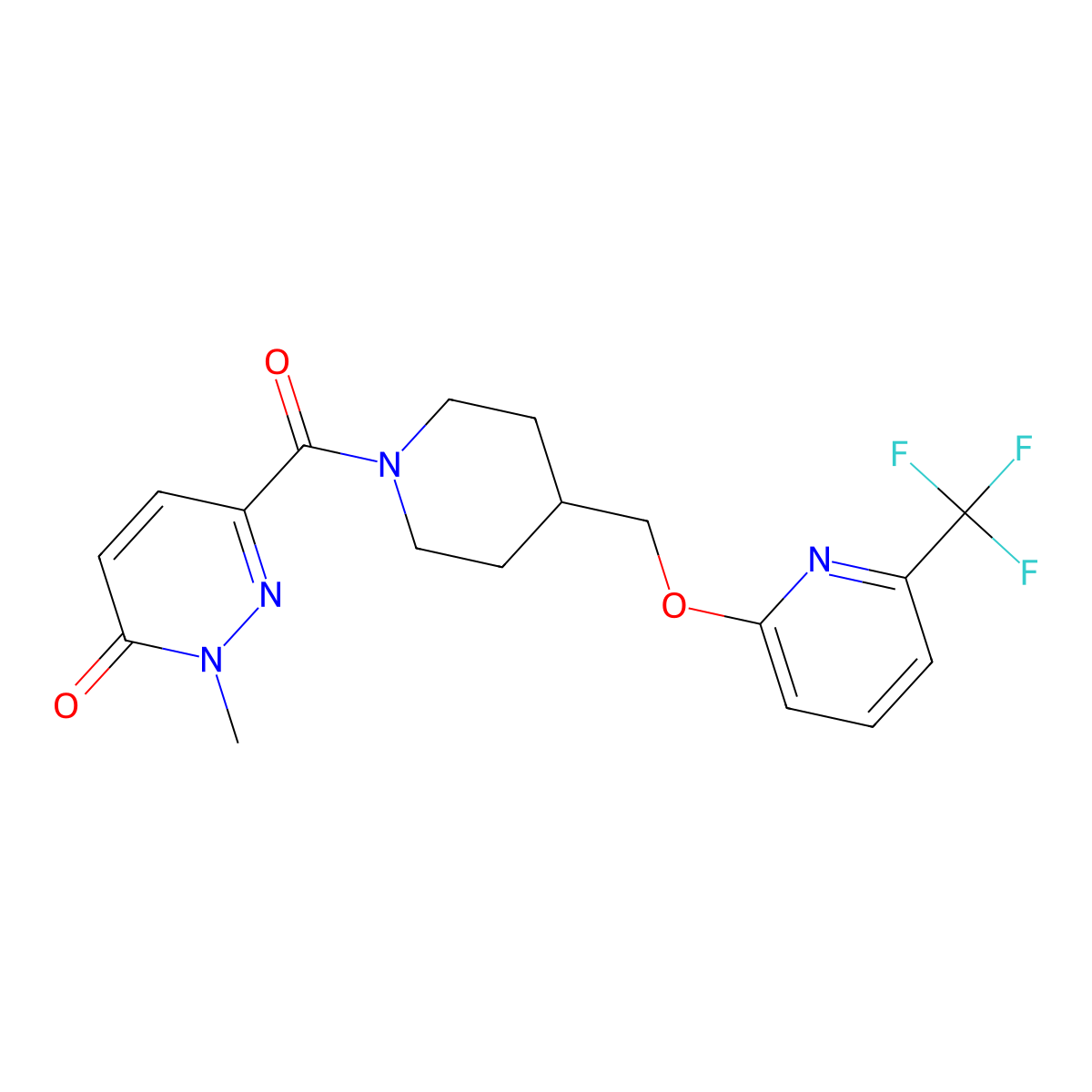 2-Methyl-6-[4-({[6-(trifluoromethyl)pyridin-2-yl]oxy}methyl)piperidine-1-carbonyl]-2,3-dihydropyridazin-3-one molecular structure, CAS 2197938-39-7