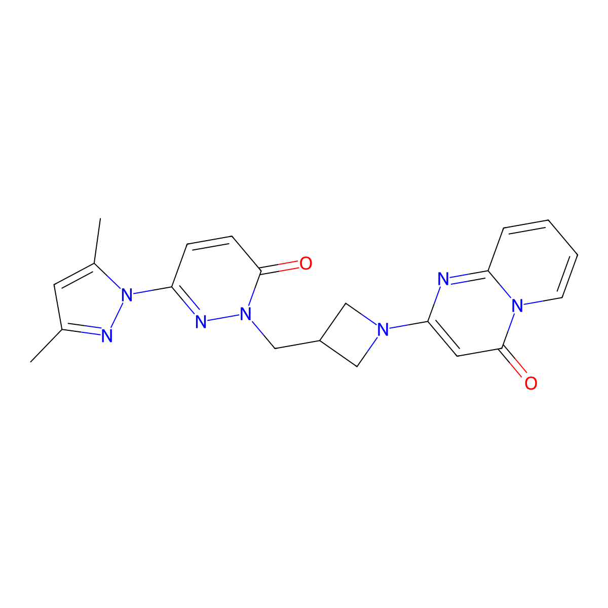 6-(3,5-dimethyl-1H-pyrazol-1-yl)-2-[(1-{4-oxo-4H-pyrido[1,2-a]pyrimidin-2-yl}azetidin-3-yl)methyl]-2,3-dihydropyridazin-3-one molecular structure, CAS 2198009-40-2