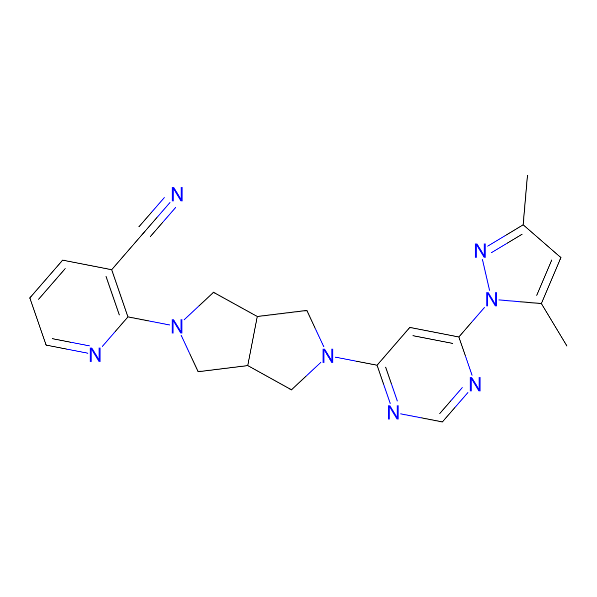 2-{5-[6-(3,5-dimethyl-1H-pyrazol-1-yl)pyrimidin-4-yl]-octahydropyrrolo[3,4-c]pyrrol-2-yl}pyridine-3-carbonitrile molecular structure, CAS 2198029-89-7