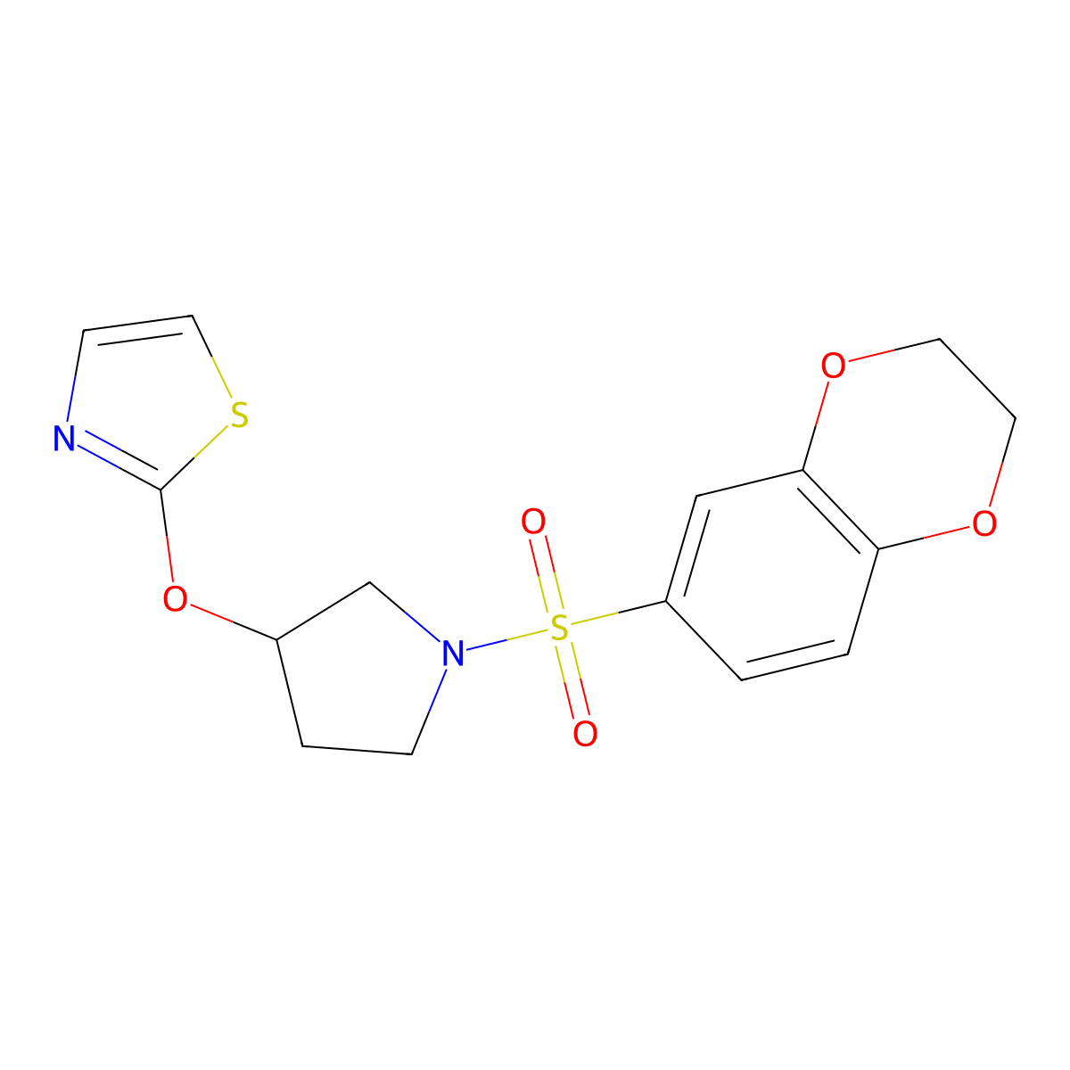2-{[1-(2,3-Dihydro-1,4-benzodioxine-6-sulfonyl)pyrrolidin-3-yl]oxy}-1,3-thiazole molecular structure, CAS 2198053-65-3