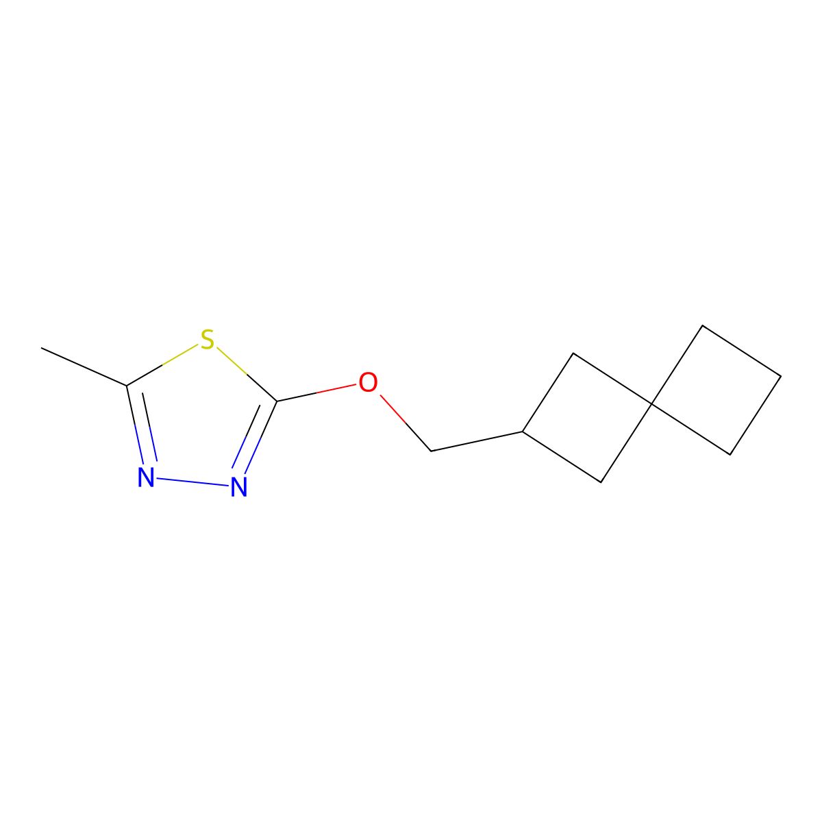 2-Methyl-5-({spiro[3.3]heptan-2-yl}methoxy)-1,3,4-thiadiazole molecular structure, CAS 2198077-07-3
