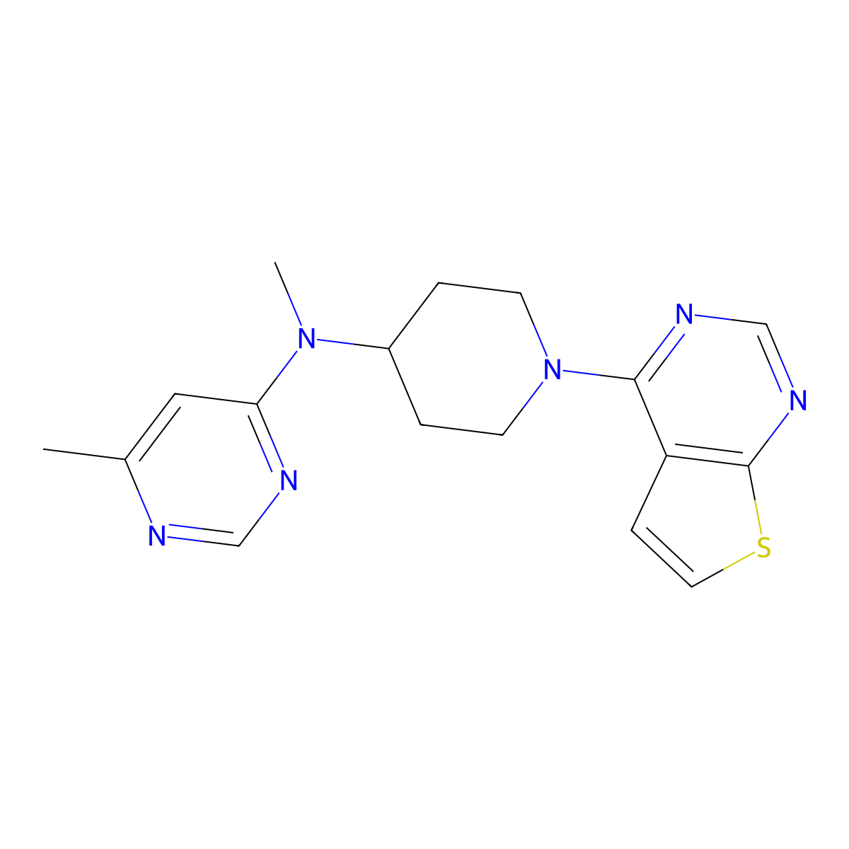 N,6-dimethyl-N-(1-{thieno[2,3-d]pyrimidin-4-yl}piperidin-4-yl)pyrimidin-4-amine molecular structure, CAS 2198085-44-6