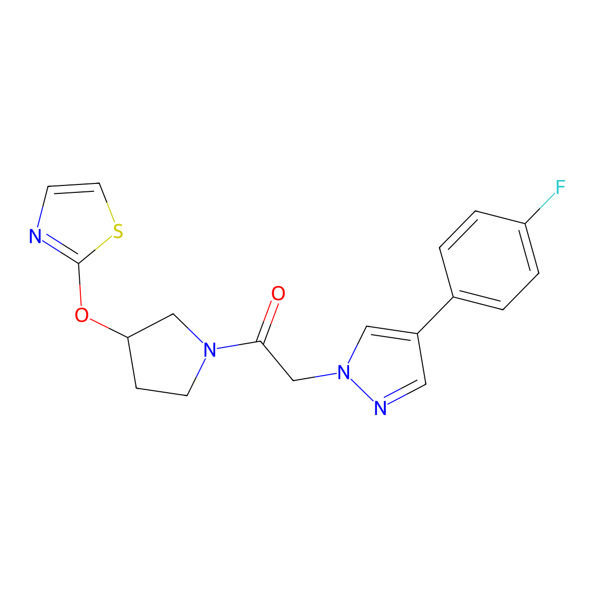 2-(4-(4-fluorophenyl)-1H-pyrazol-1-yl)-1-(3-(thiazol-2-yloxy)pyrrolidin-1-yl)ethanone molecular structure, CAS 2198128-67-3