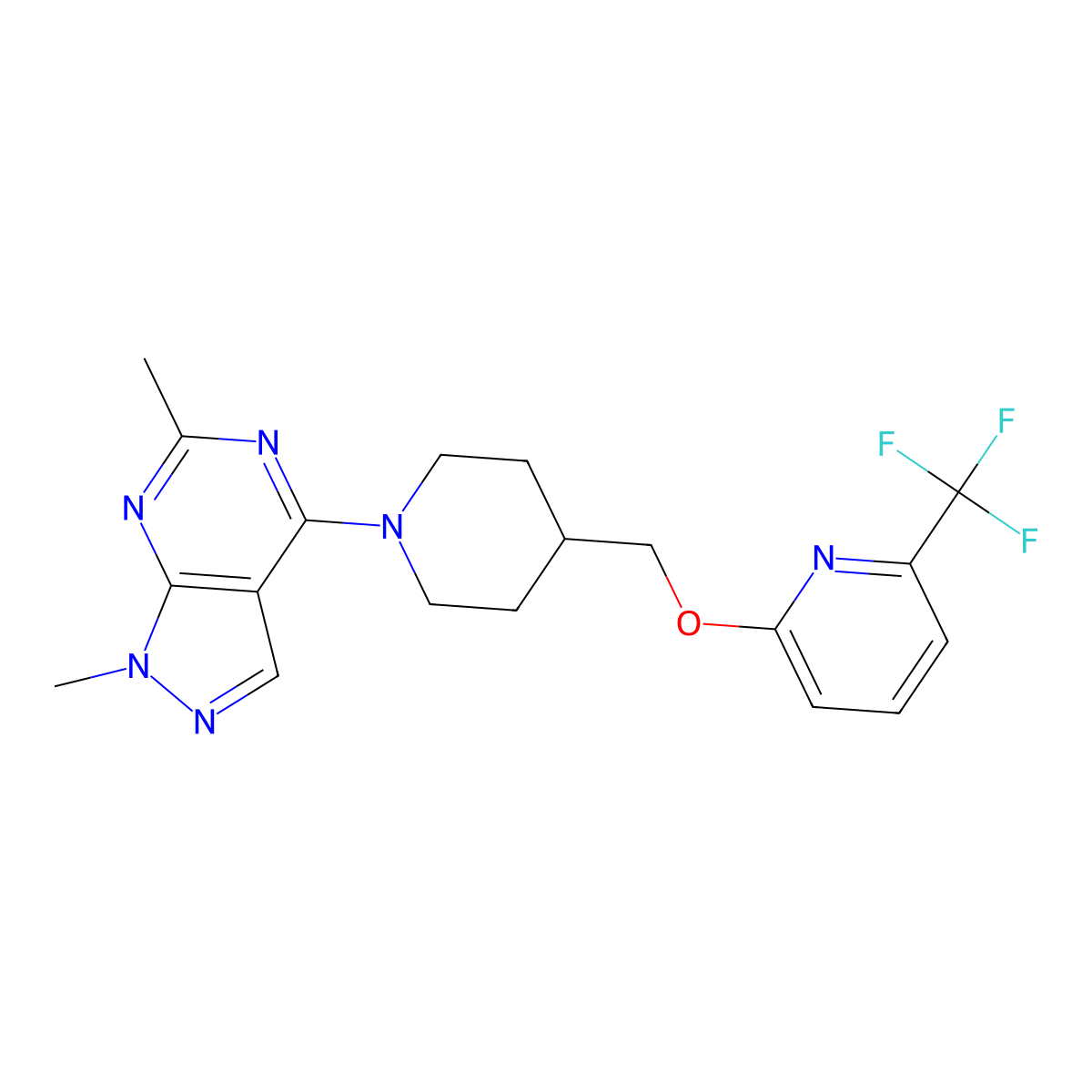 2-[(1-{1,6-dimethyl-1H-pyrazolo[3,4-d]pyrimidin-4-yl}piperidin-4-yl)methoxy]-6-(trifluoromethyl)pyridine molecular structure, CAS 2198165-75-0
