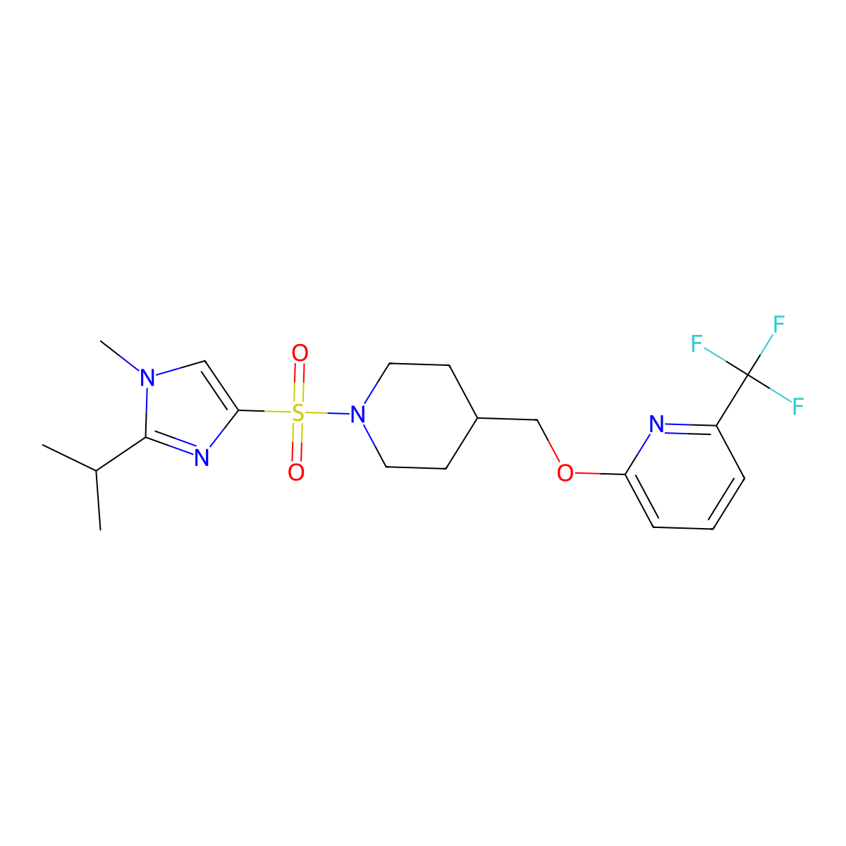 2-[(1-{[1-methyl-2-(propan-2-yl)-1H-imidazol-4-yl]sulfonyl}piperidin-4-yl)methoxy]-6-(trifluoromethyl)pyridine molecular structure, CAS 2198166-62-8
