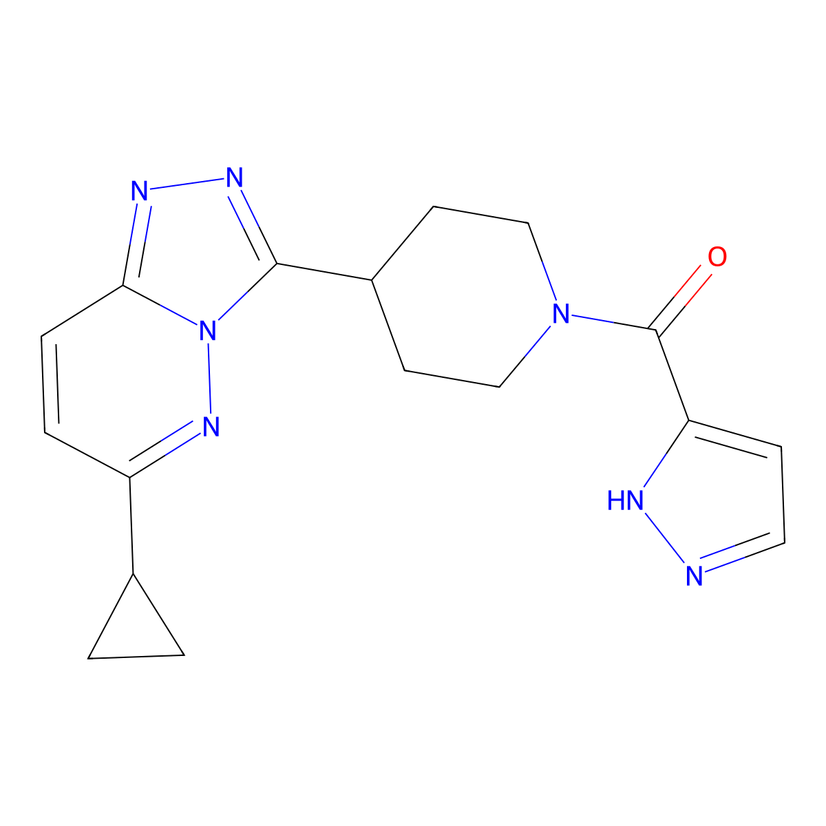 4-{6-cyclopropyl-[1,2,4]triazolo[4,3-b]pyridazin-3-yl}-1-(1H-pyrazole-3-carbonyl)piperidine molecular structure, CAS 2198167-02-9