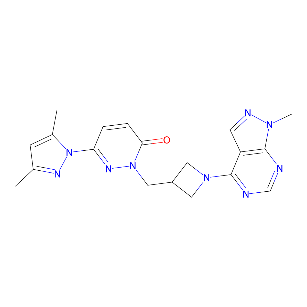 6-(3,5-dimethyl-1H-pyrazol-1-yl)-2-[(1-{1-methyl-1H-pyrazolo[3,4-d]pyrimidin-4-yl}azetidin-3-yl)methyl]-2,3-dihydropyridazin-3-one molecular structure, CAS 2198167-22-3